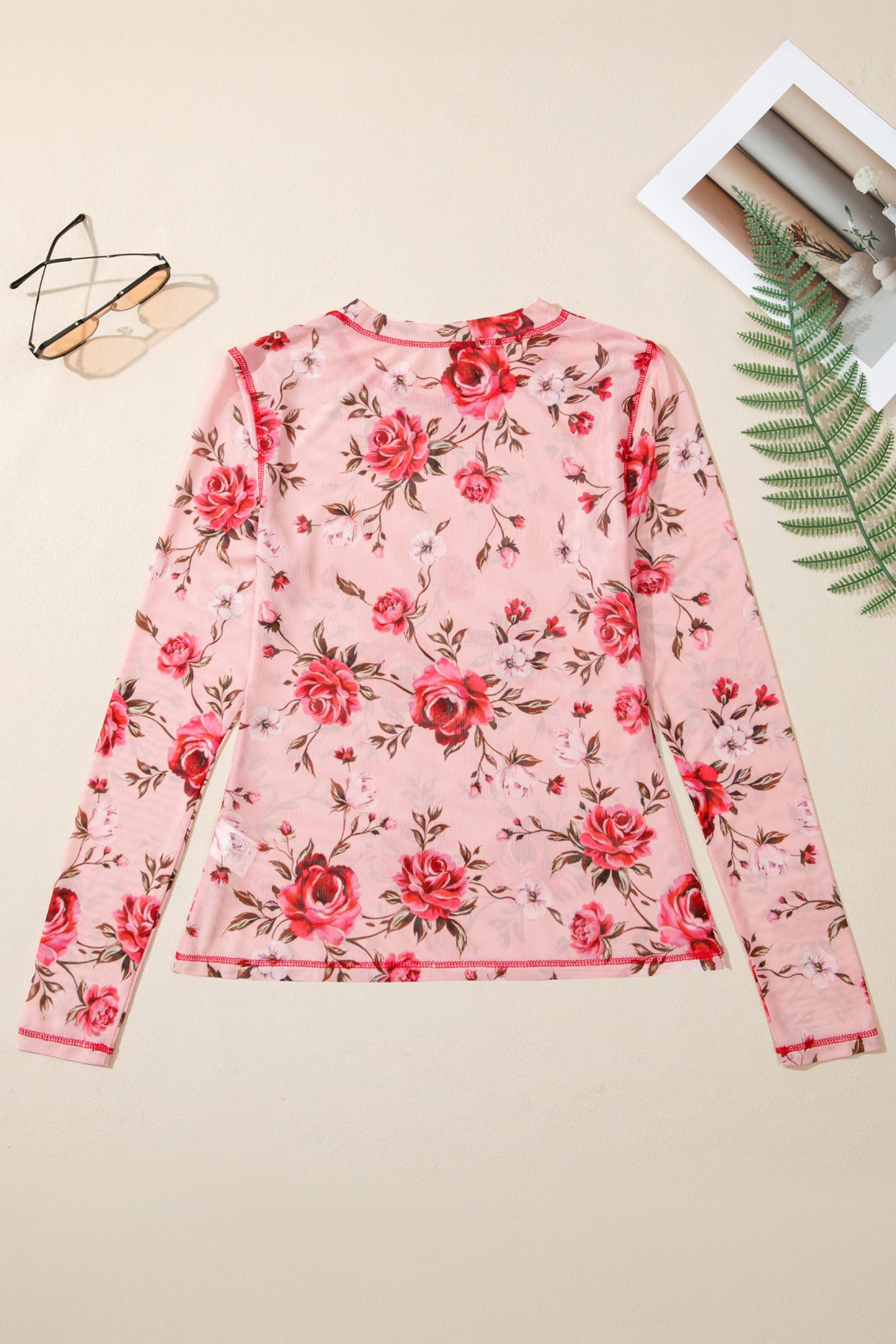 Pink Floral Exposed Seam Mesh Long Sleeve Top