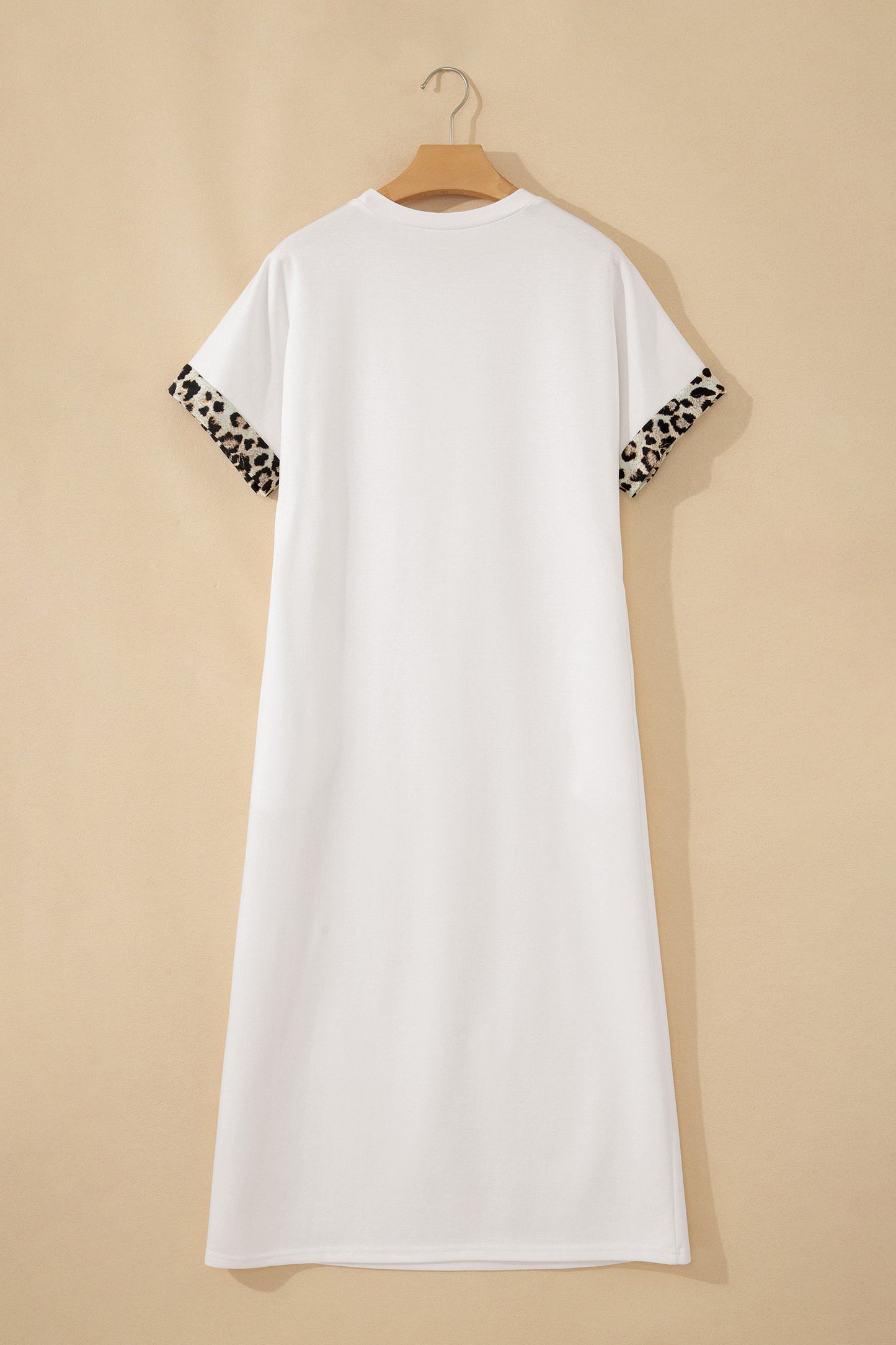 White Contrast Leopard Bow Patched Short Sleeve Long Dress