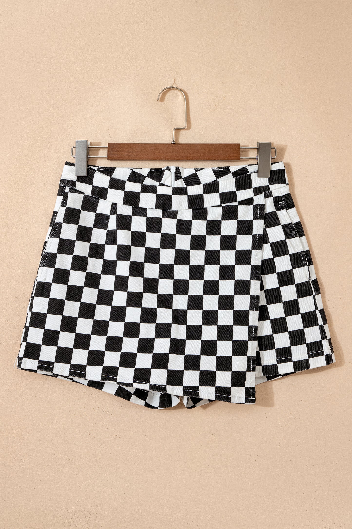 Black Checkered Overlap Denim Shorts