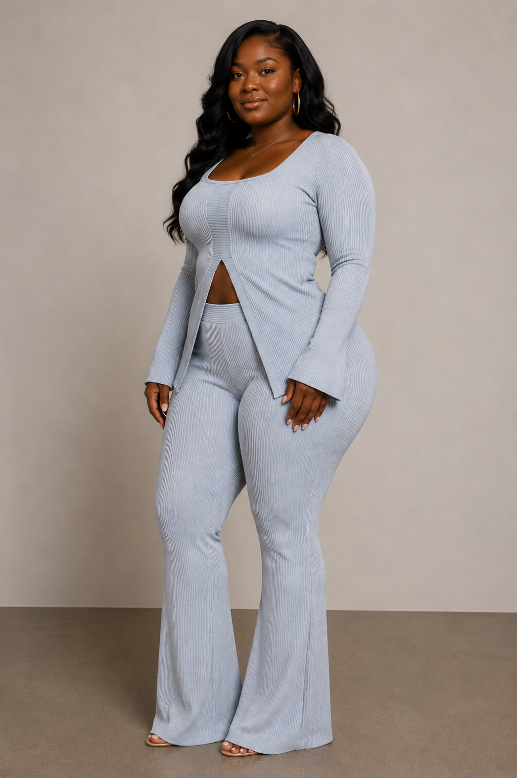 Slate Ribbed Pant Set With Slit Detail