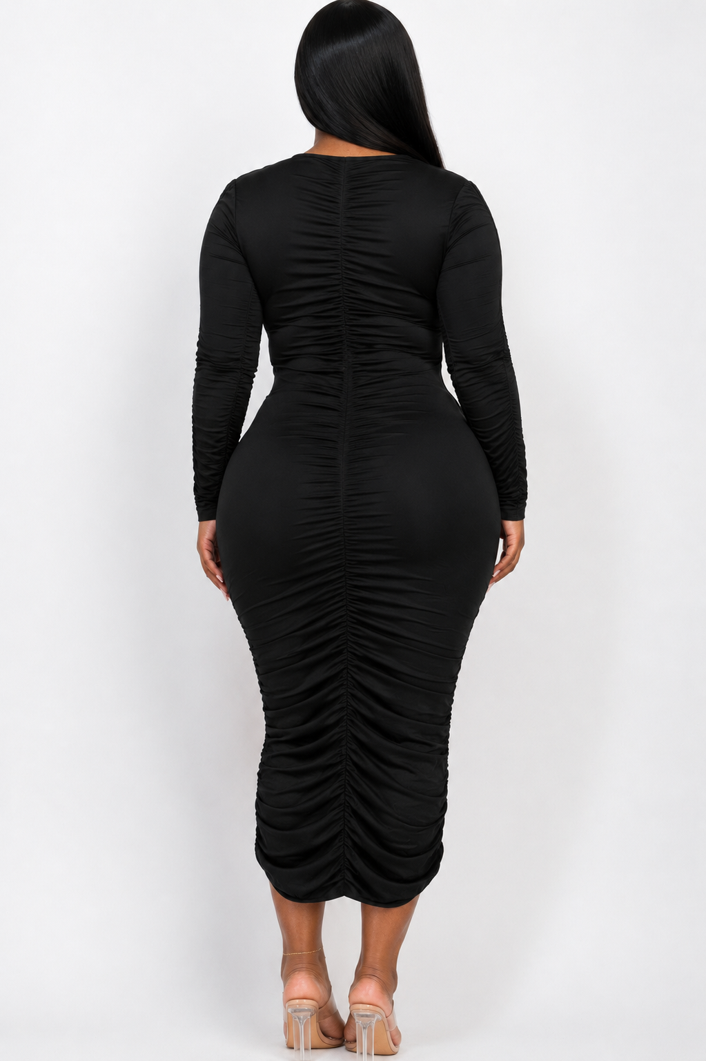 Ruched Long Sleeve Midi Dress
