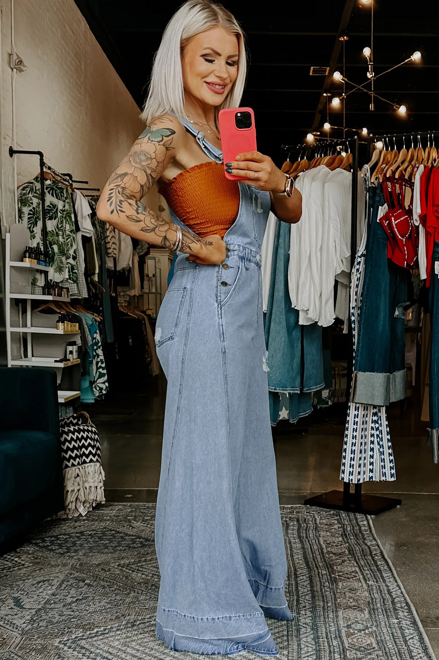 Mist Blue Retro Distressed Denim Overall Jumpsuit