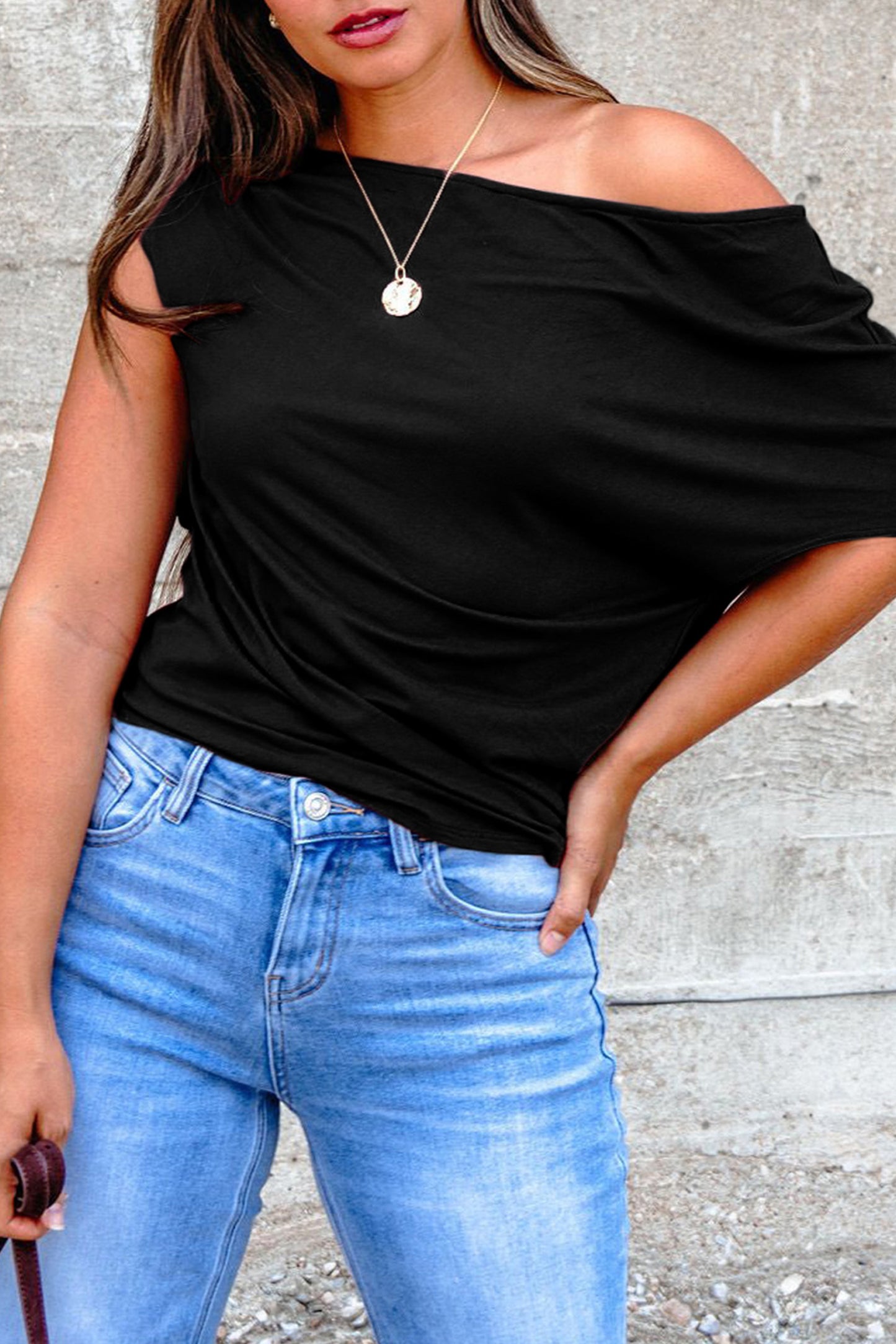 Solid Color Asymmetric Sleeve Blouse