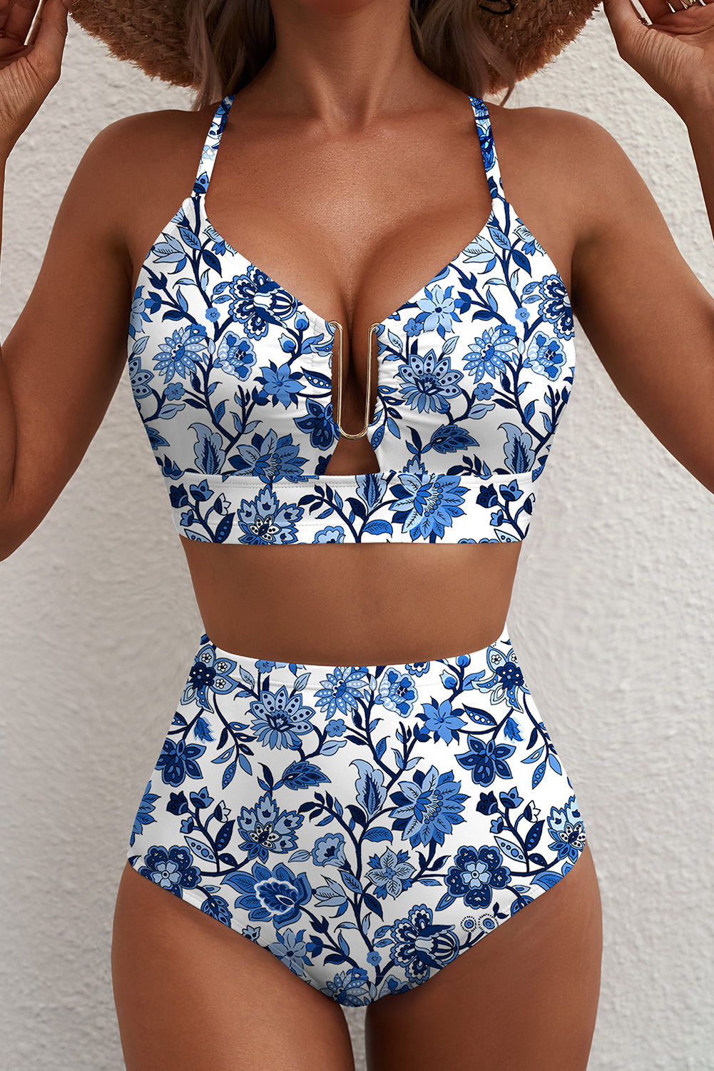 Blue Floral Hardware Accent High Waist Bikini Set
