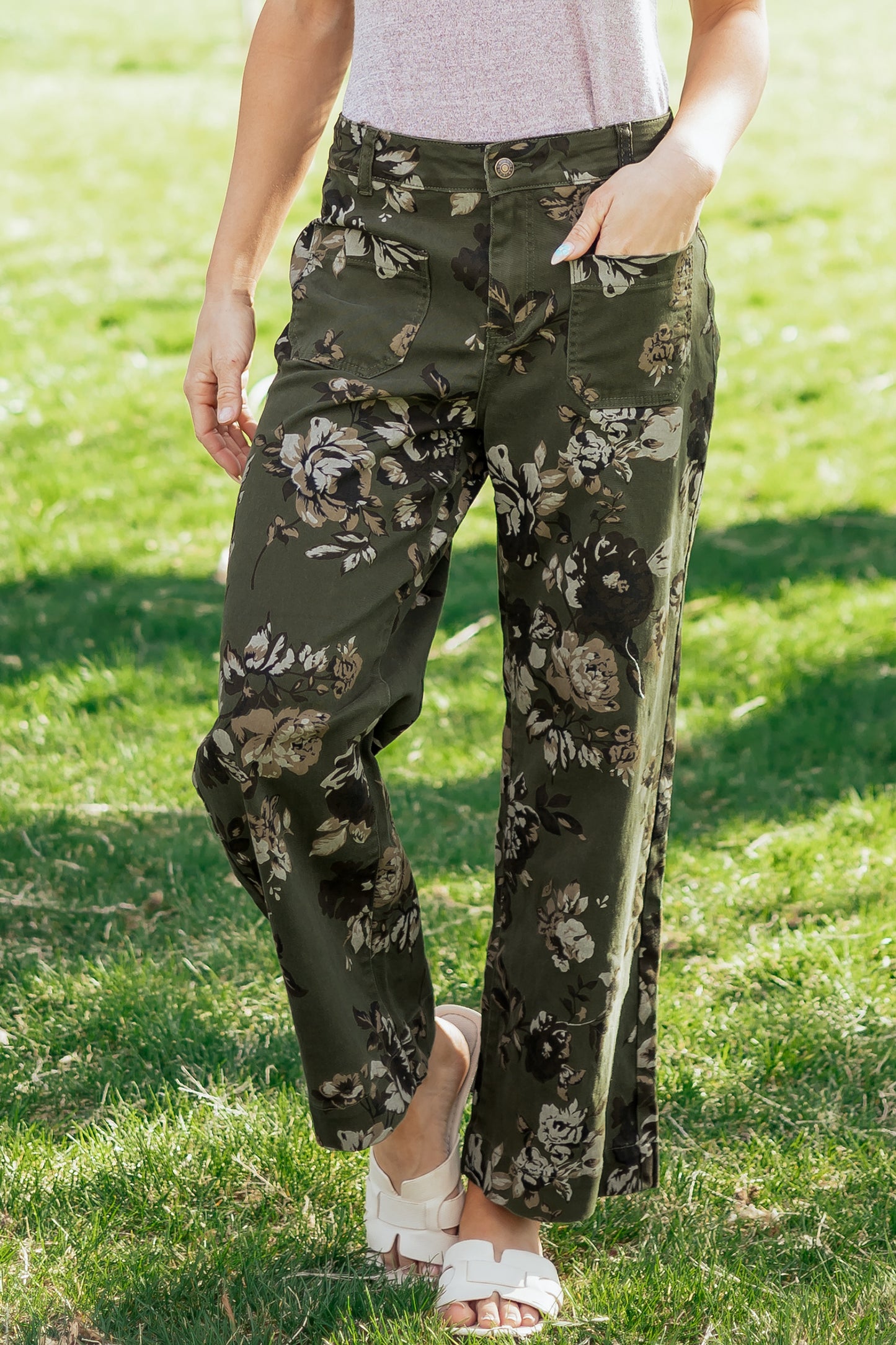 Green Vintage Floral Raw Hem Shift Jeans