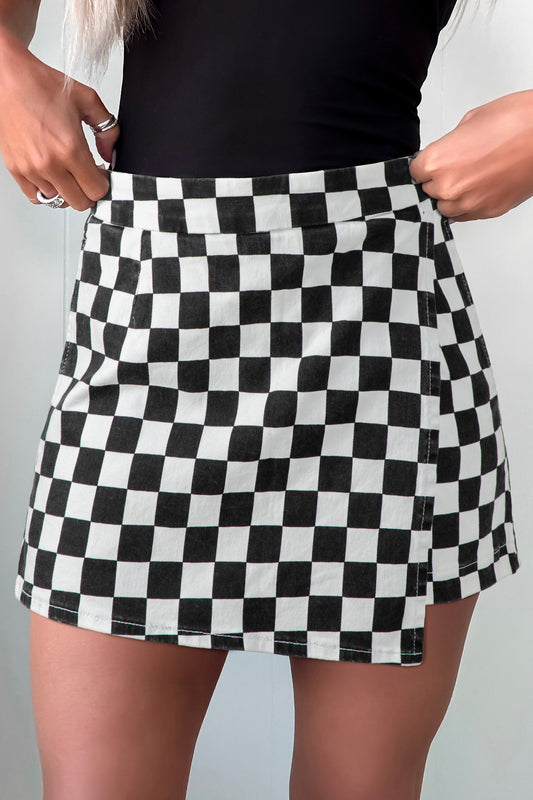 Black Checkered Overlap Denim Shorts