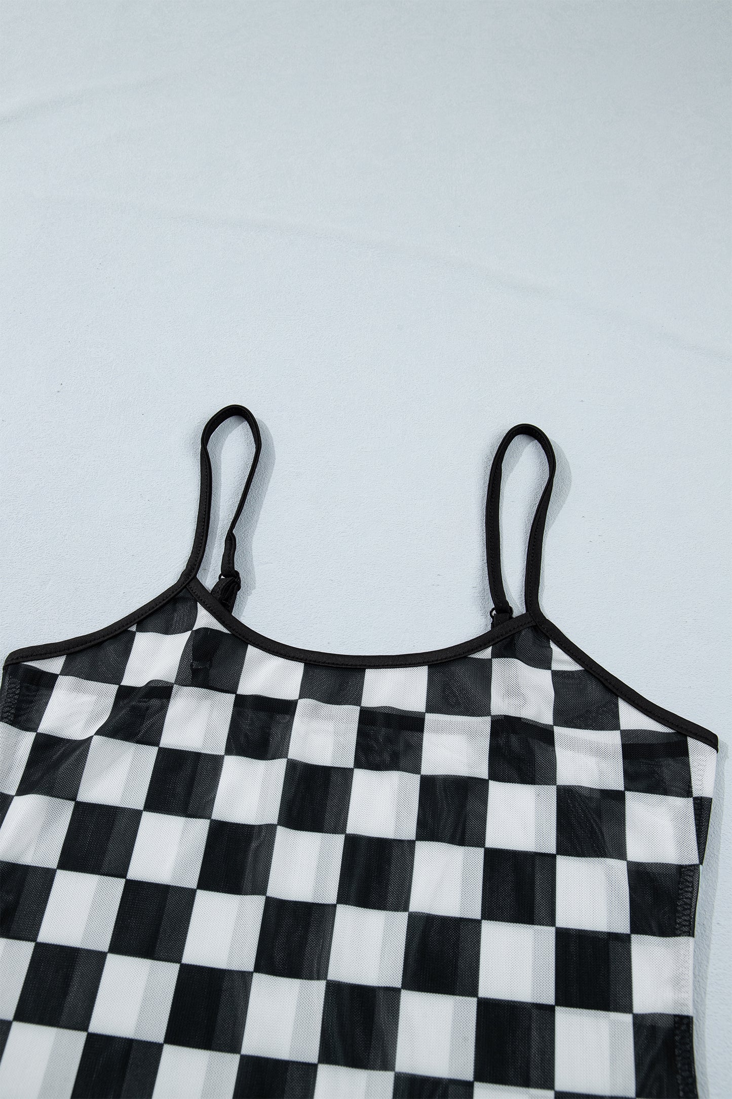 Black Sheer Checkered Spaghetti Straps Slim Tank Top