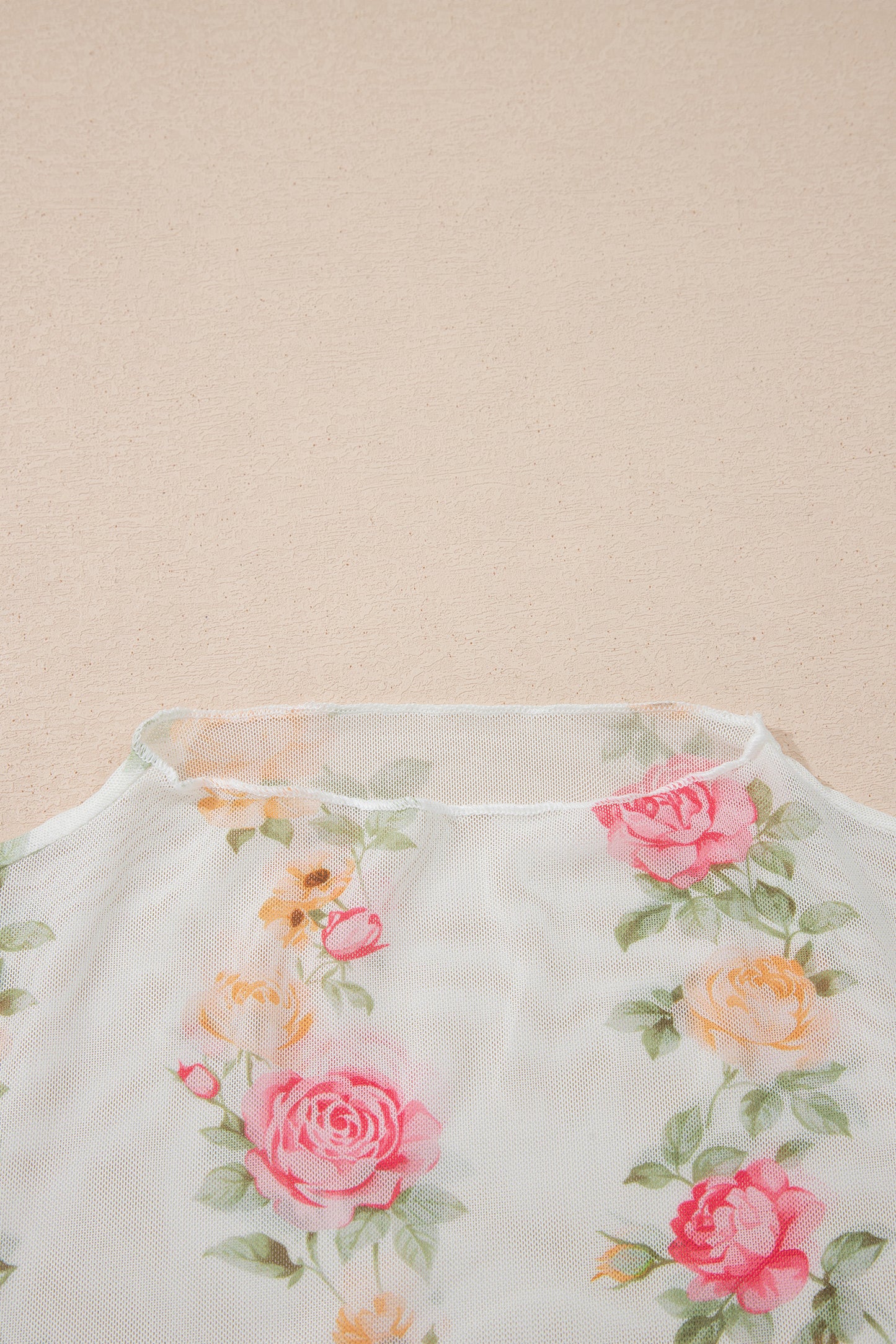Beige Floral Mock Neck Short Sleeve Mesh Top