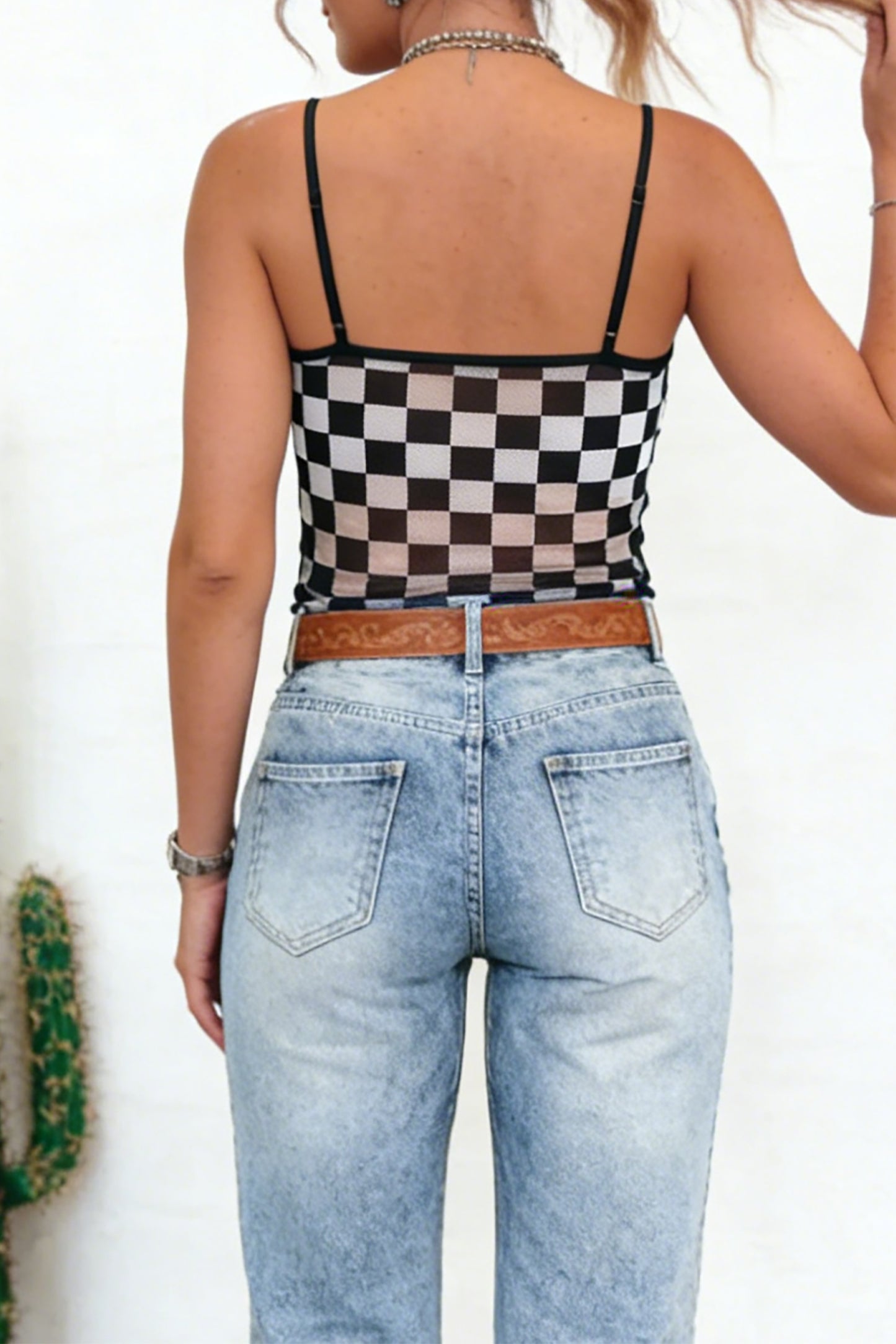 Black Sheer Checkered Spaghetti Straps Slim Tank Top