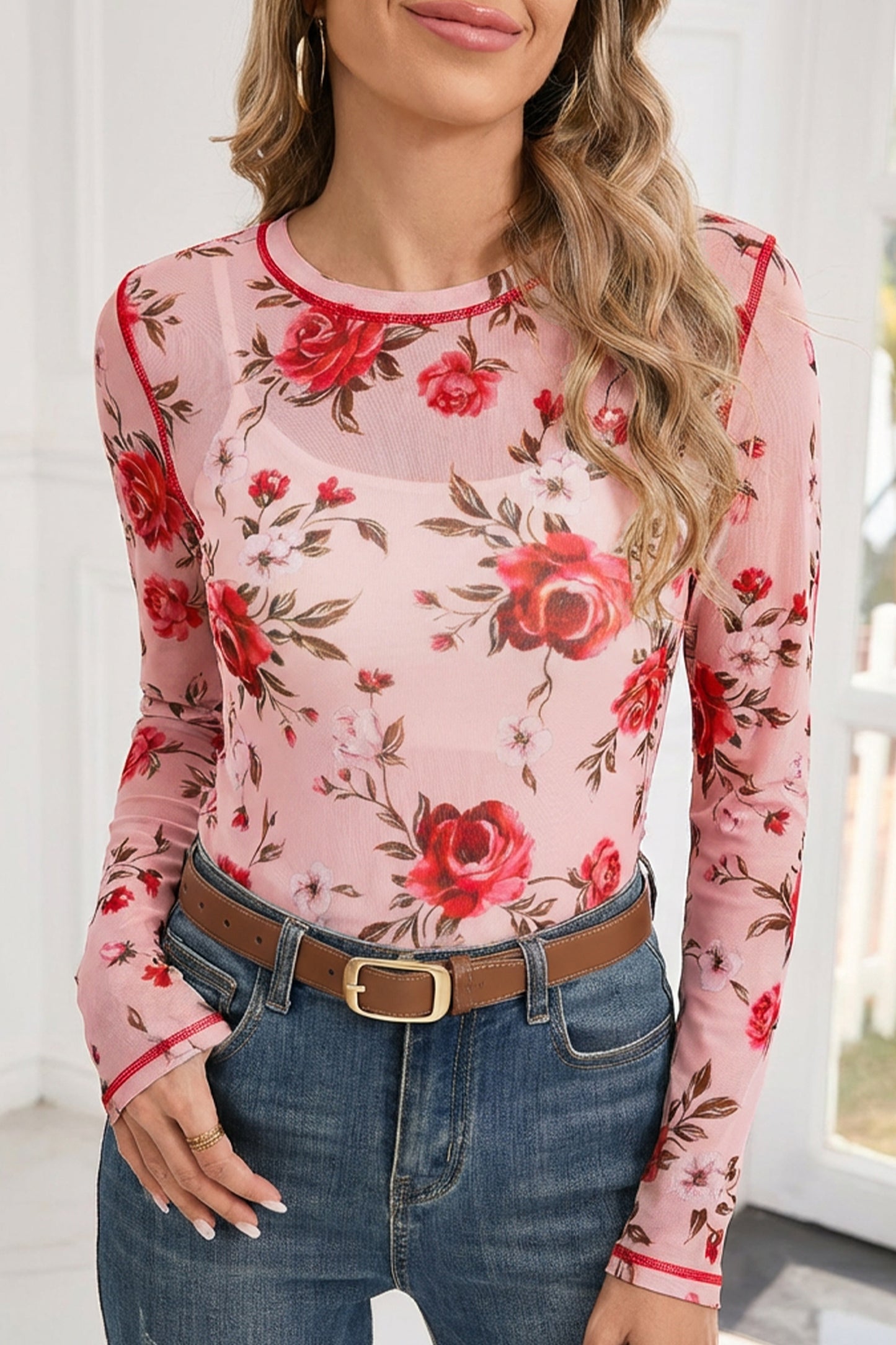Pink Floral Exposed Seam Mesh Long Sleeve Top