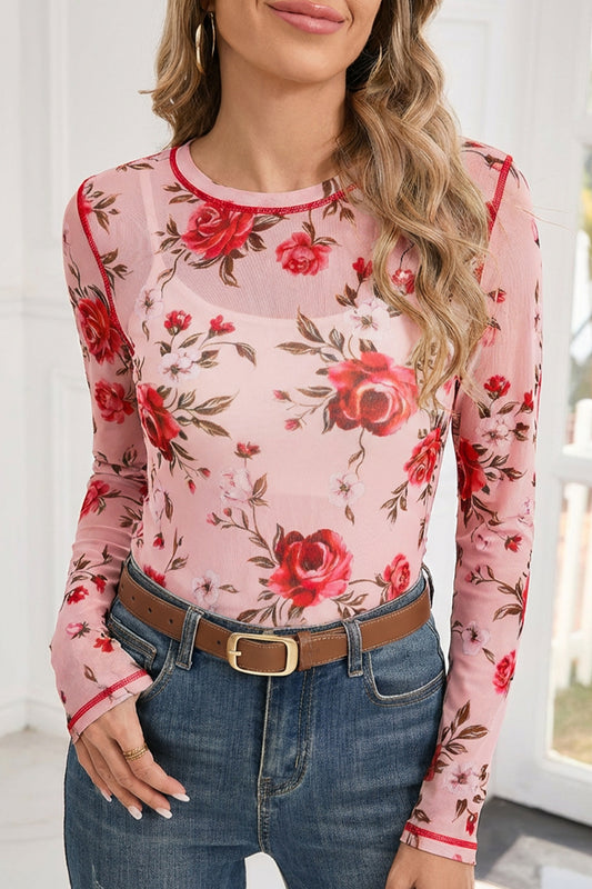 Pink Floral Exposed Seam Mesh Long Sleeve Top