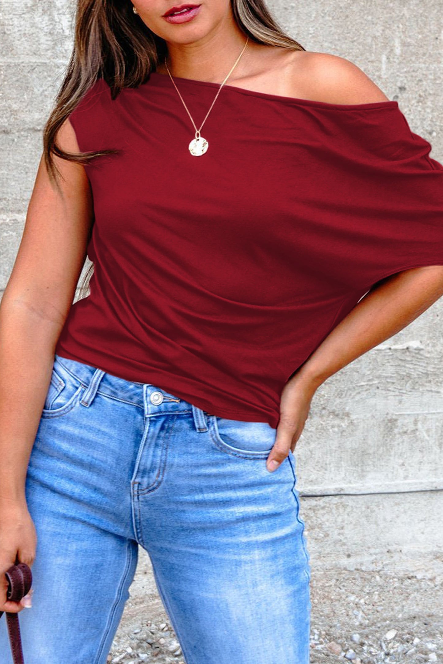 Solid Color Asymmetric Sleeve Blouse
