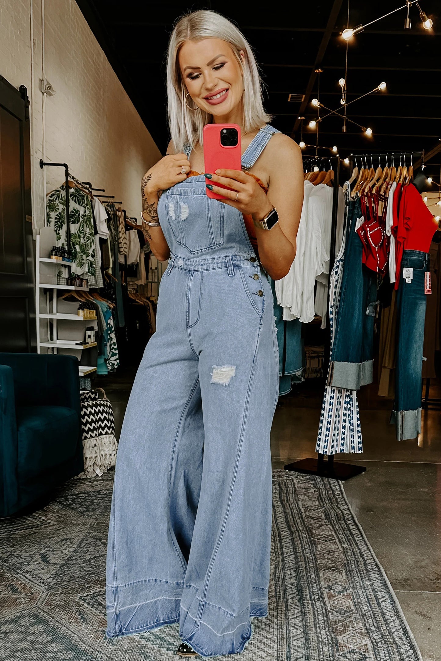 Mist Blue Retro Distressed Denim Overall Jumpsuit