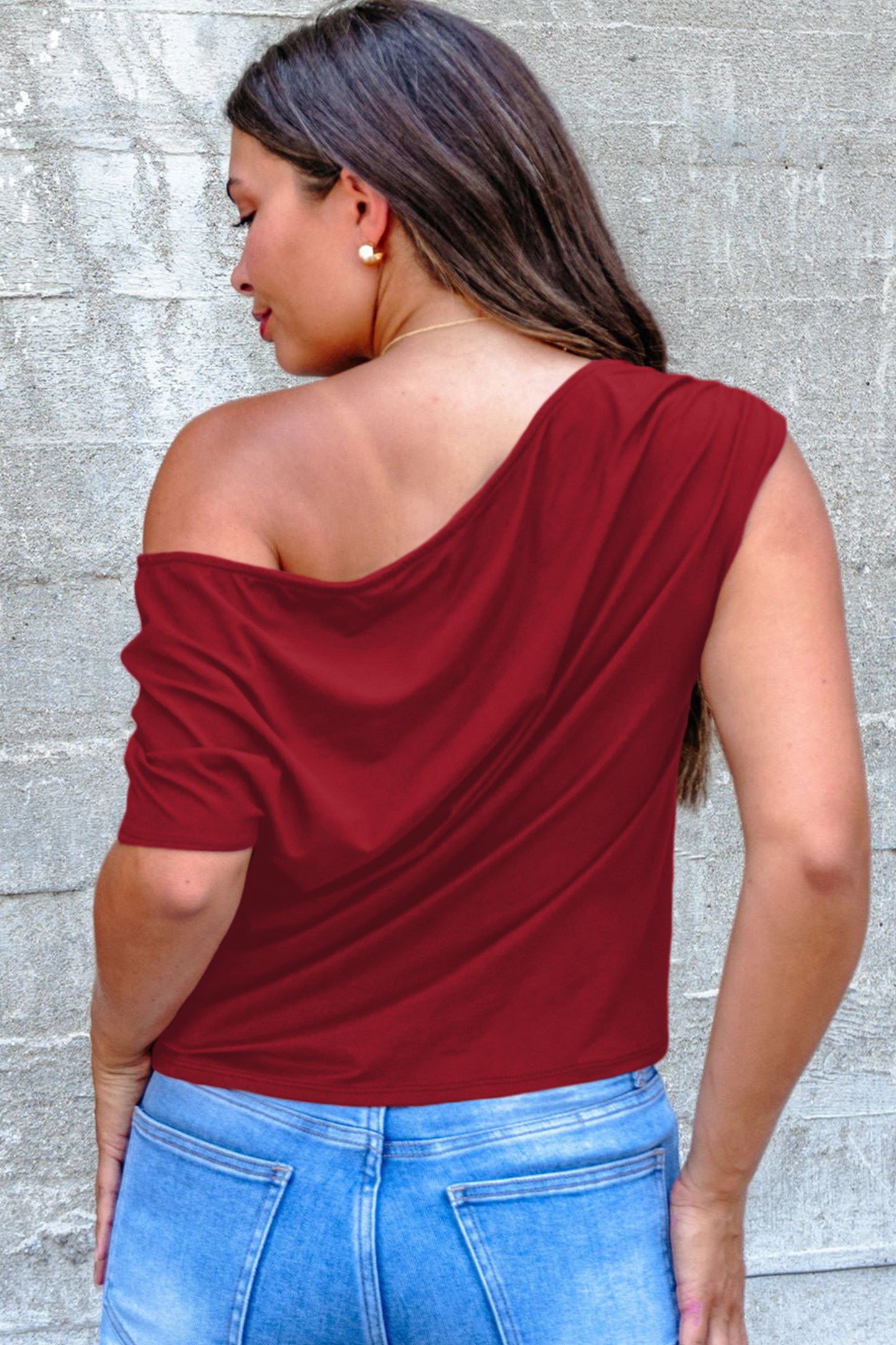 Solid Color Asymmetric Sleeve Blouse