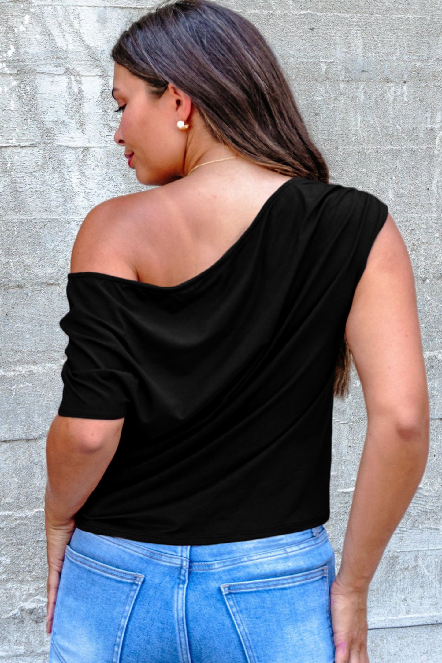 Solid Color Asymmetric Sleeve Blouse