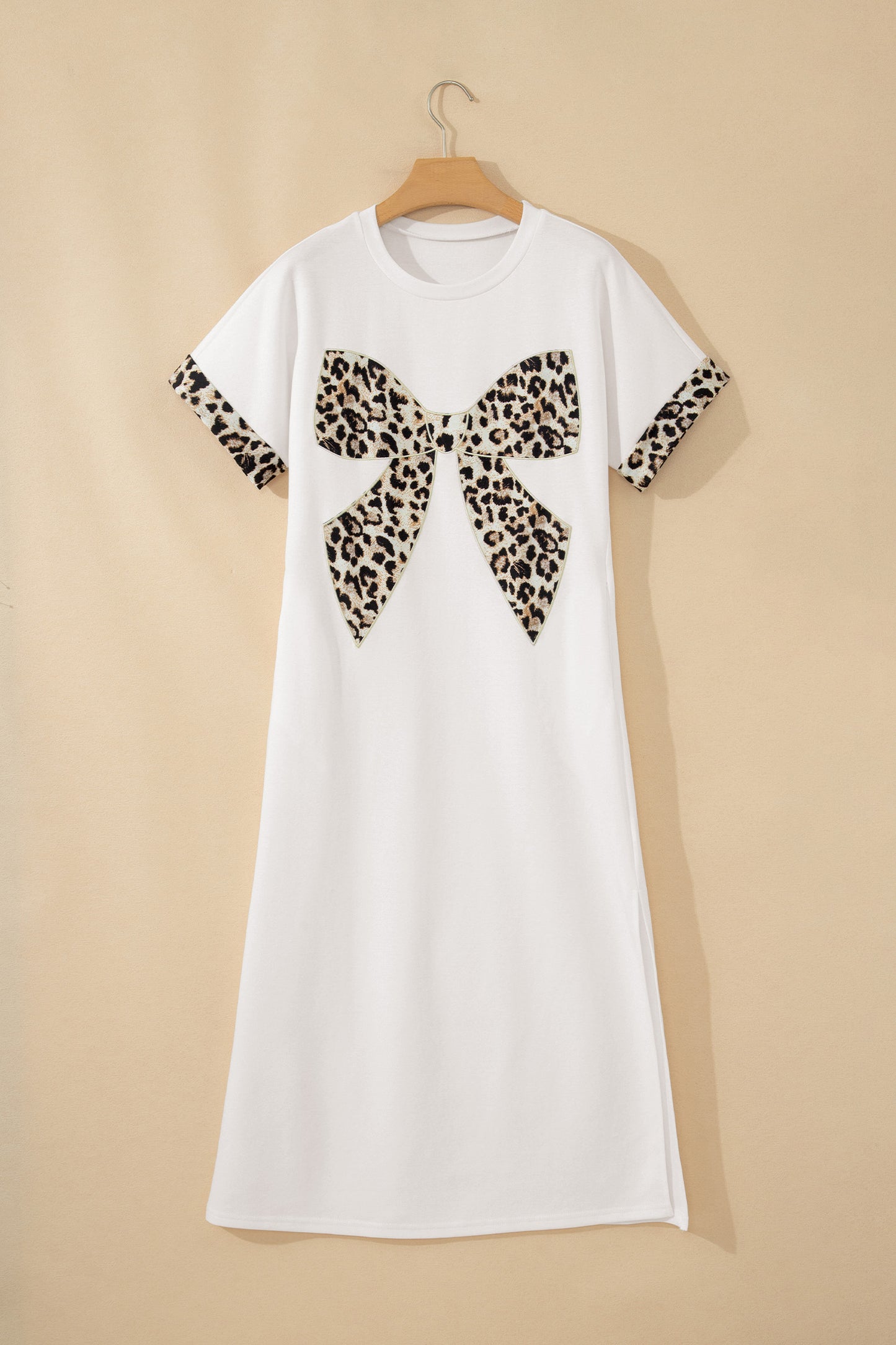 White Contrast Leopard Bow Patched Short Sleeve Long Dress