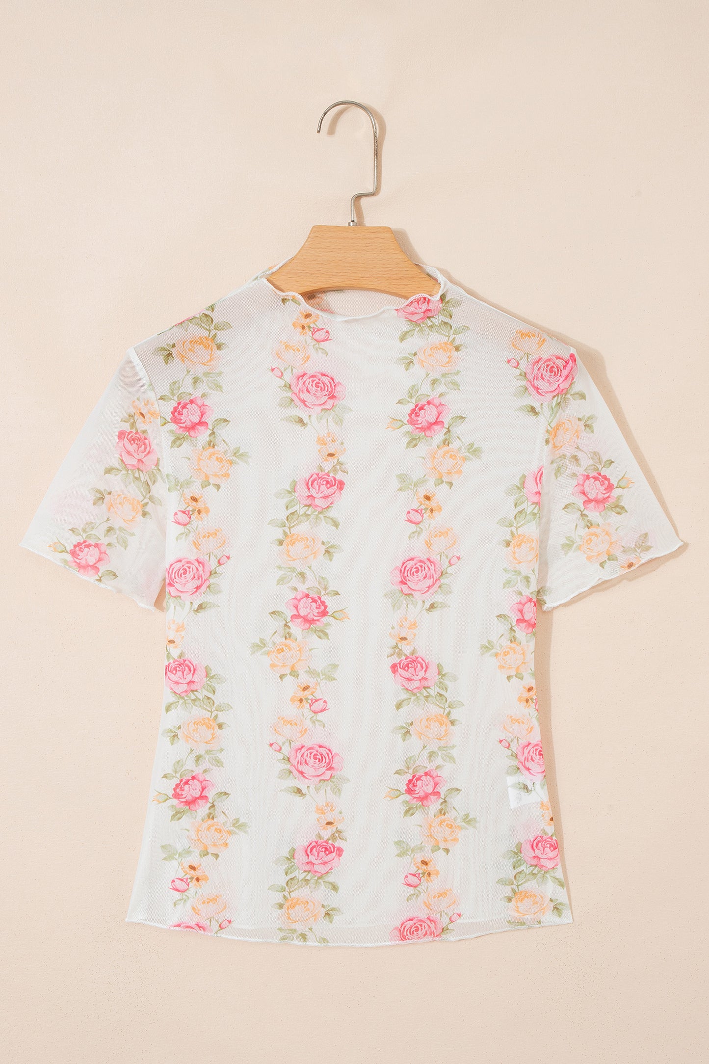 Beige Floral Mock Neck Short Sleeve Mesh Top