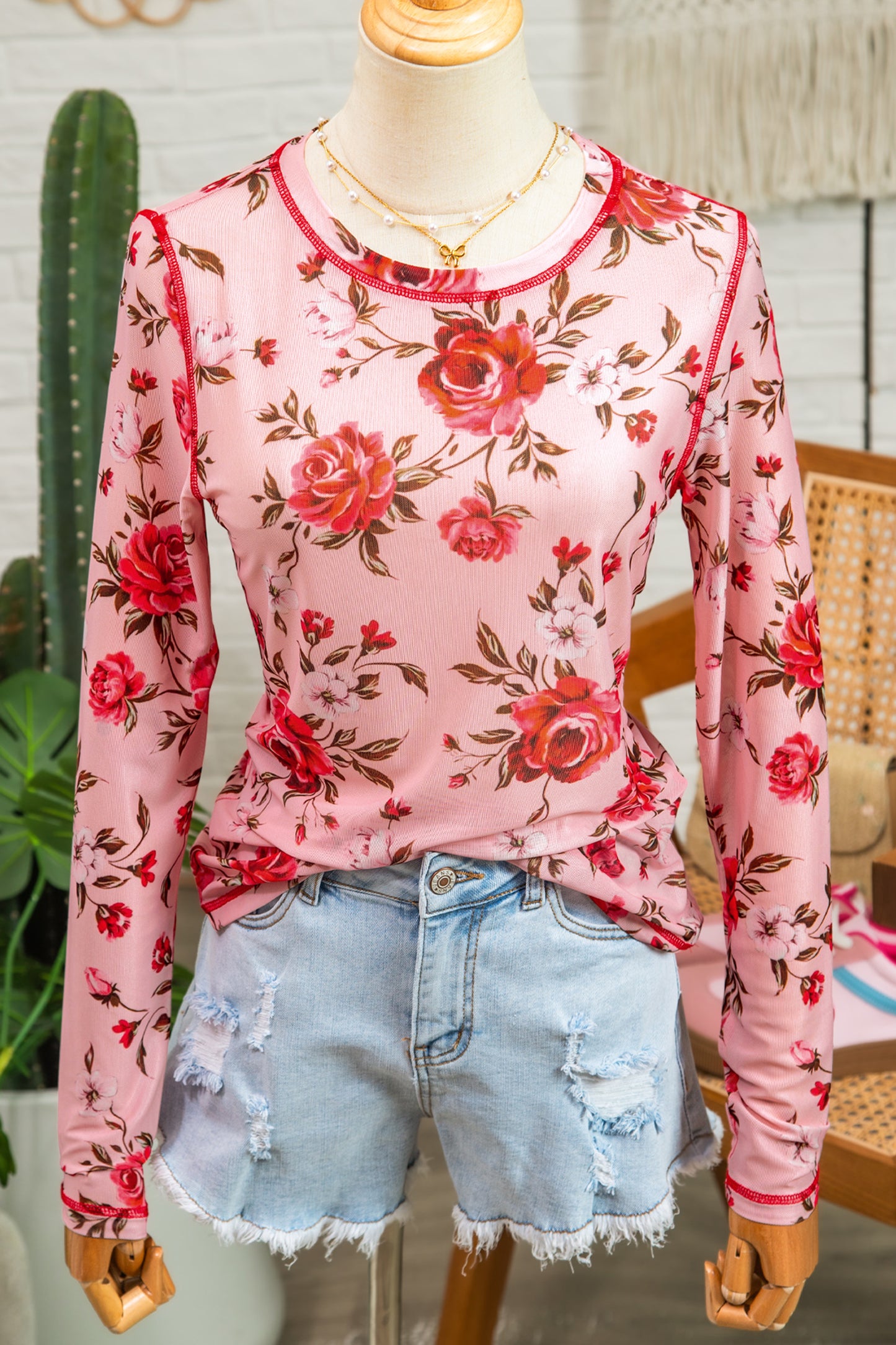 Pink Floral Exposed Seam Mesh Long Sleeve Top