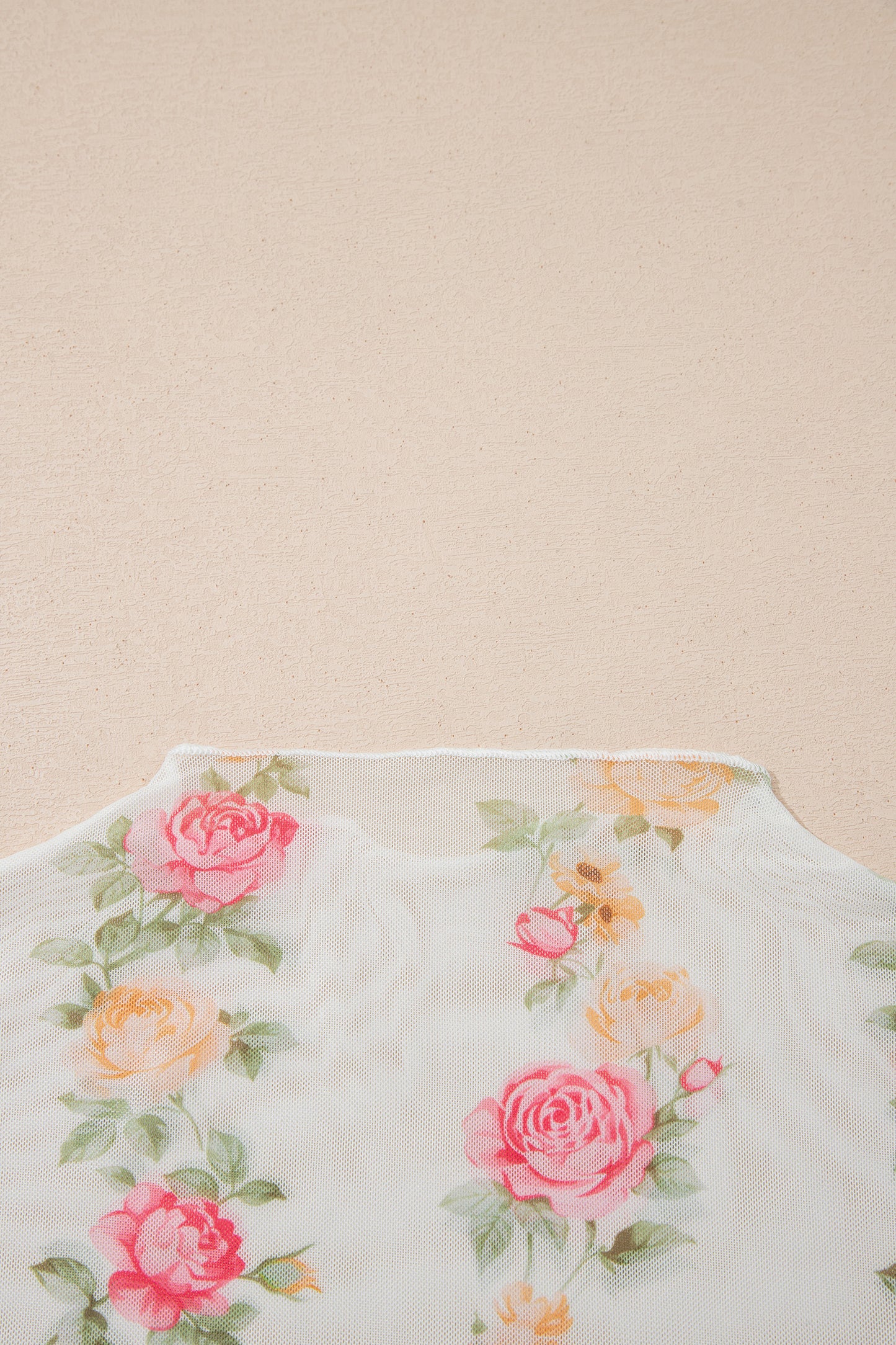 Beige Floral Mock Neck Short Sleeve Mesh Top