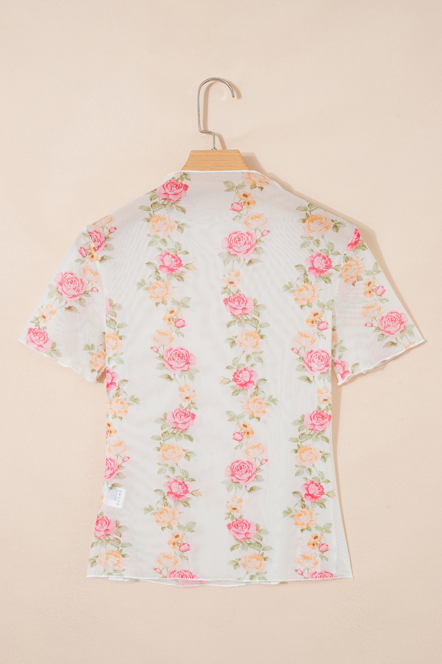 Beige Floral Mock Neck Short Sleeve Mesh Top