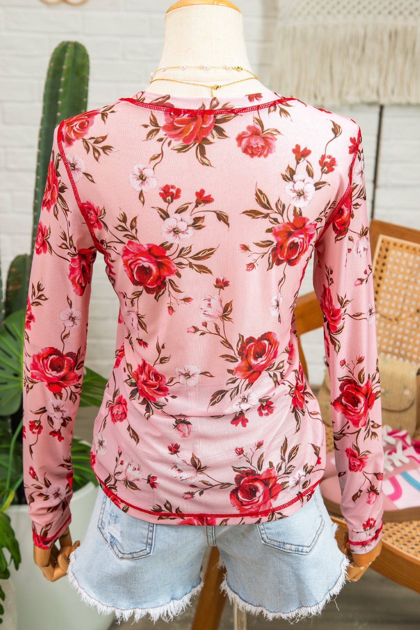 Pink Floral Exposed Seam Mesh Long Sleeve Top