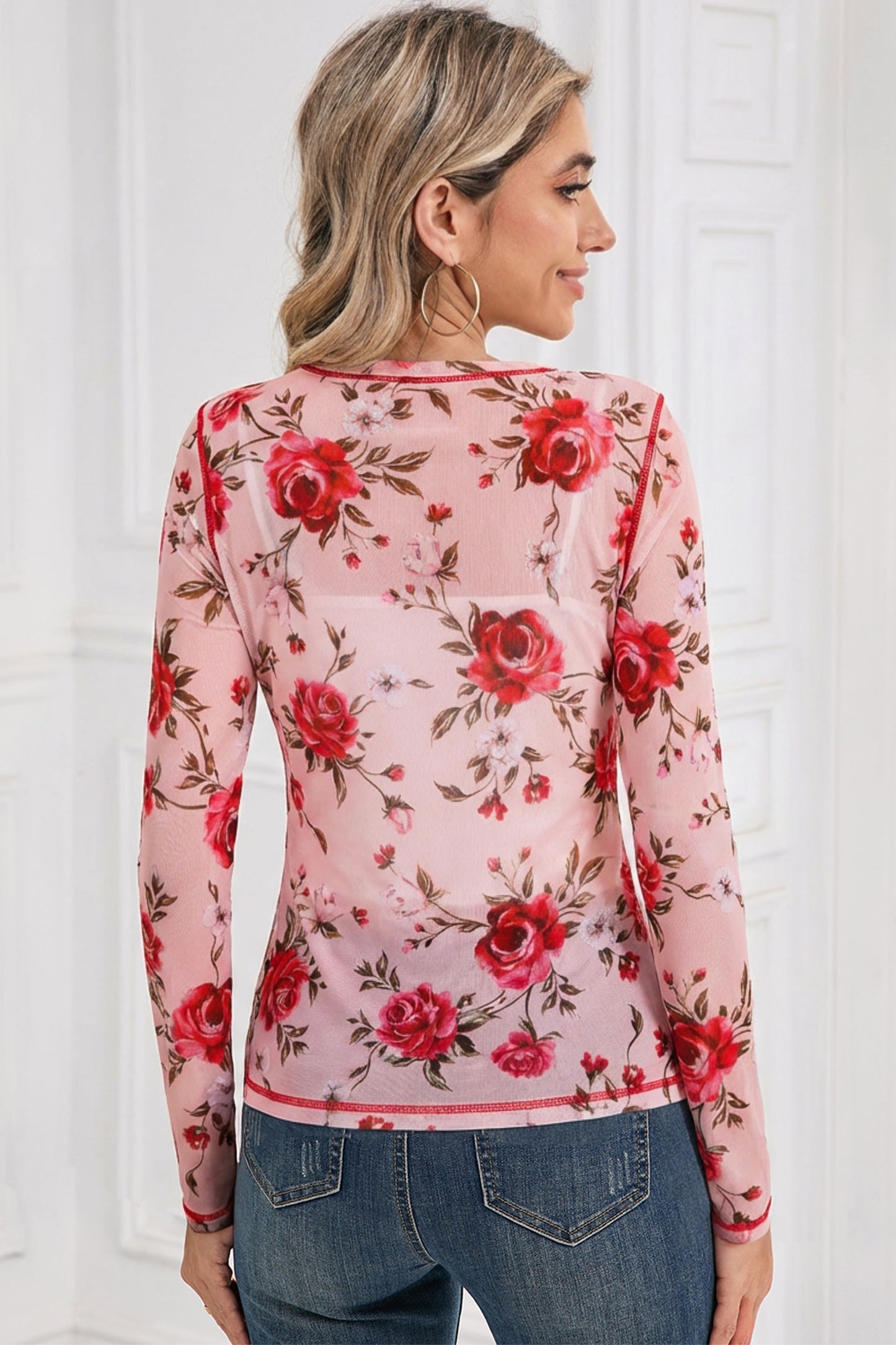 Pink Floral Exposed Seam Mesh Long Sleeve Top