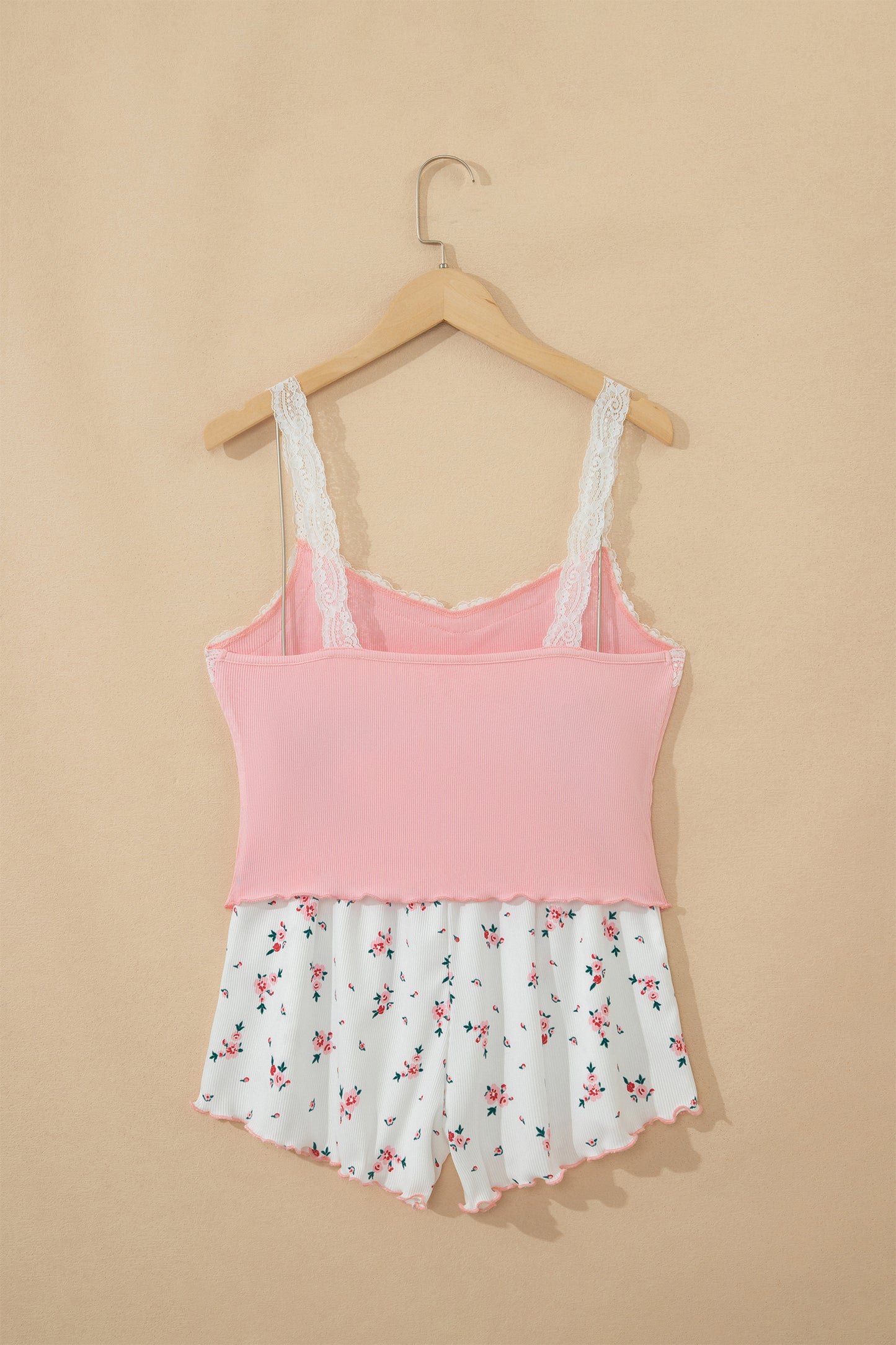 Pink Ribbed Knit Lace Floral Short Lounge Set