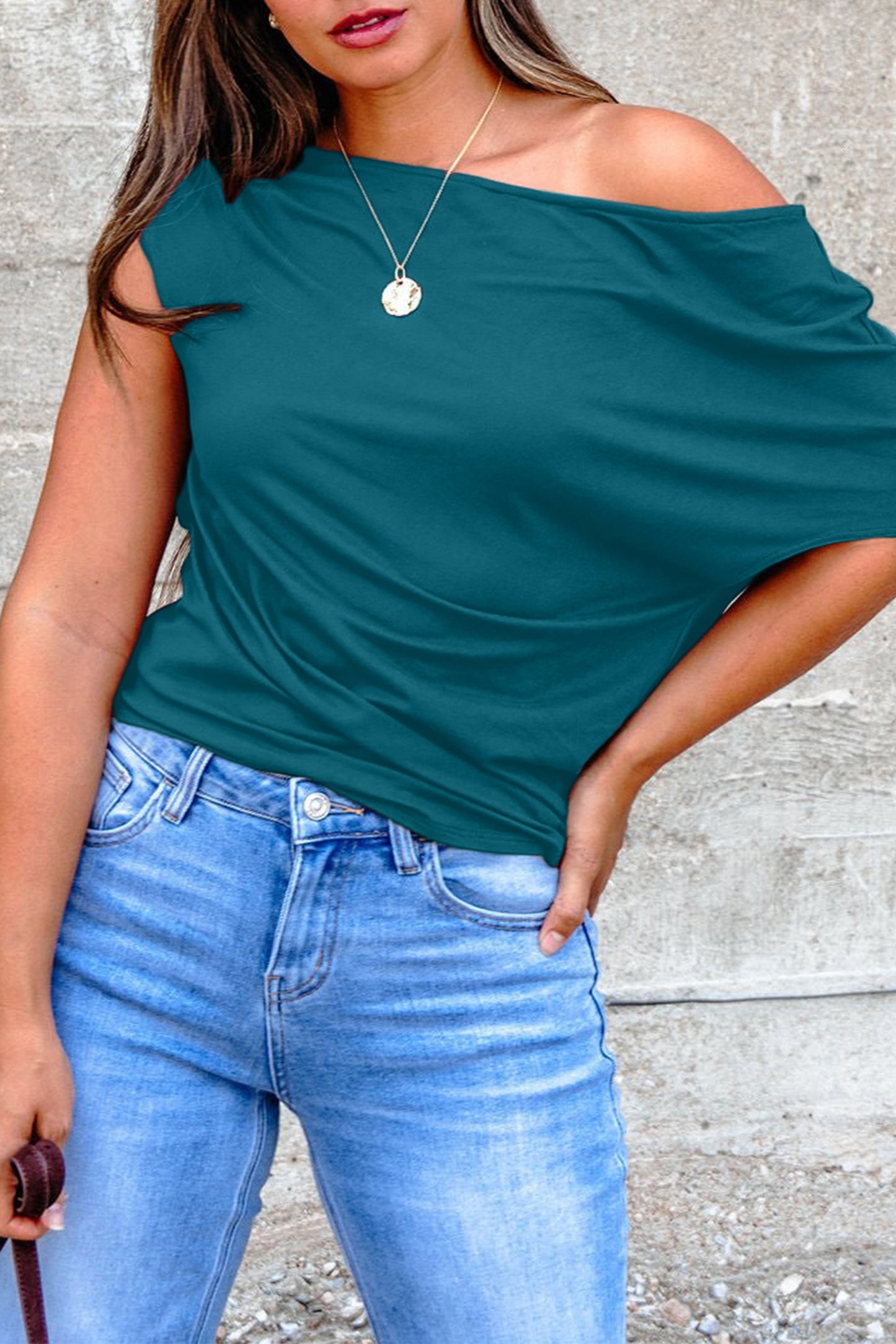 Solid Color Asymmetric Sleeve Blouse