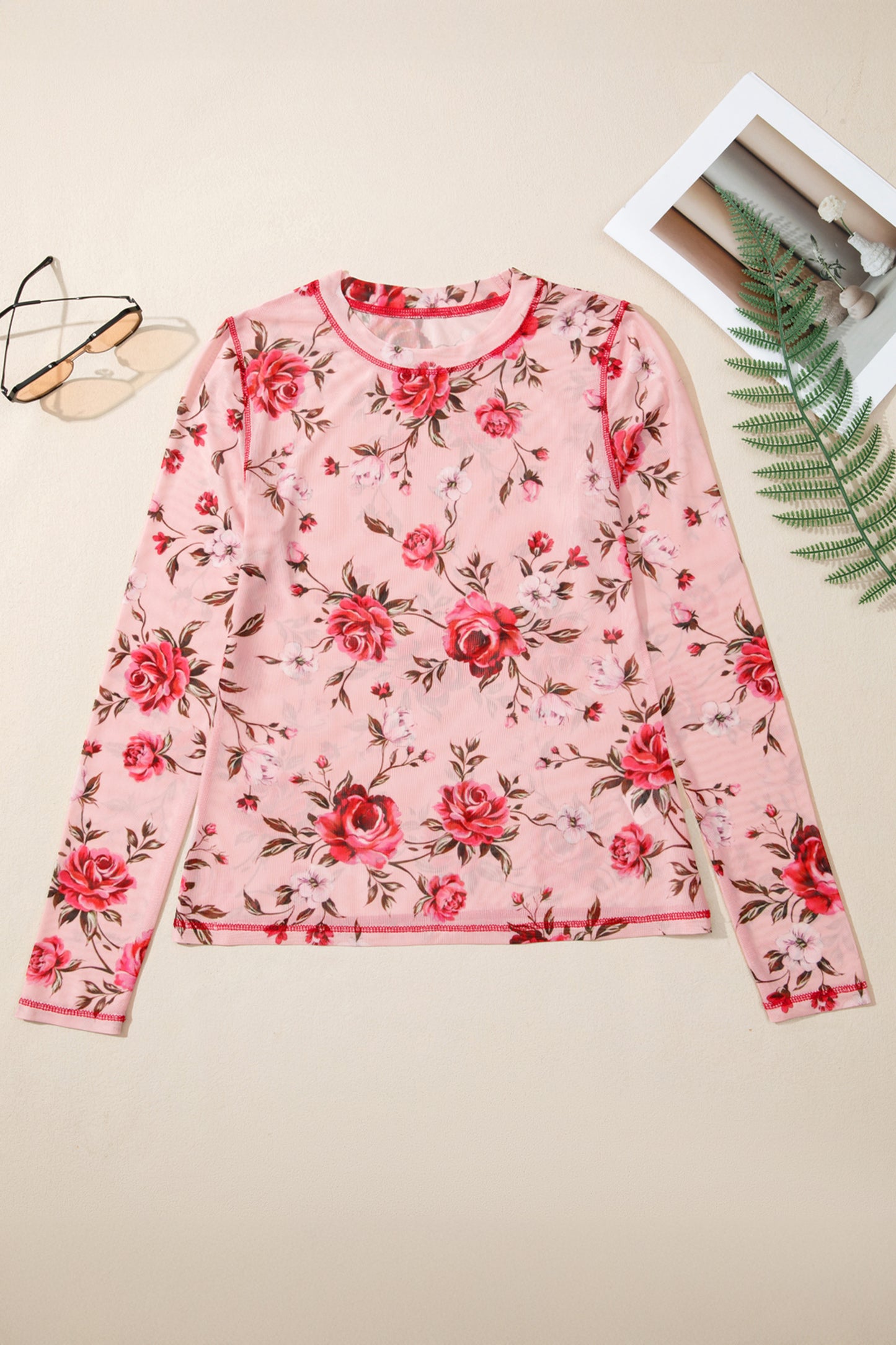 Pink Floral Exposed Seam Mesh Long Sleeve Top