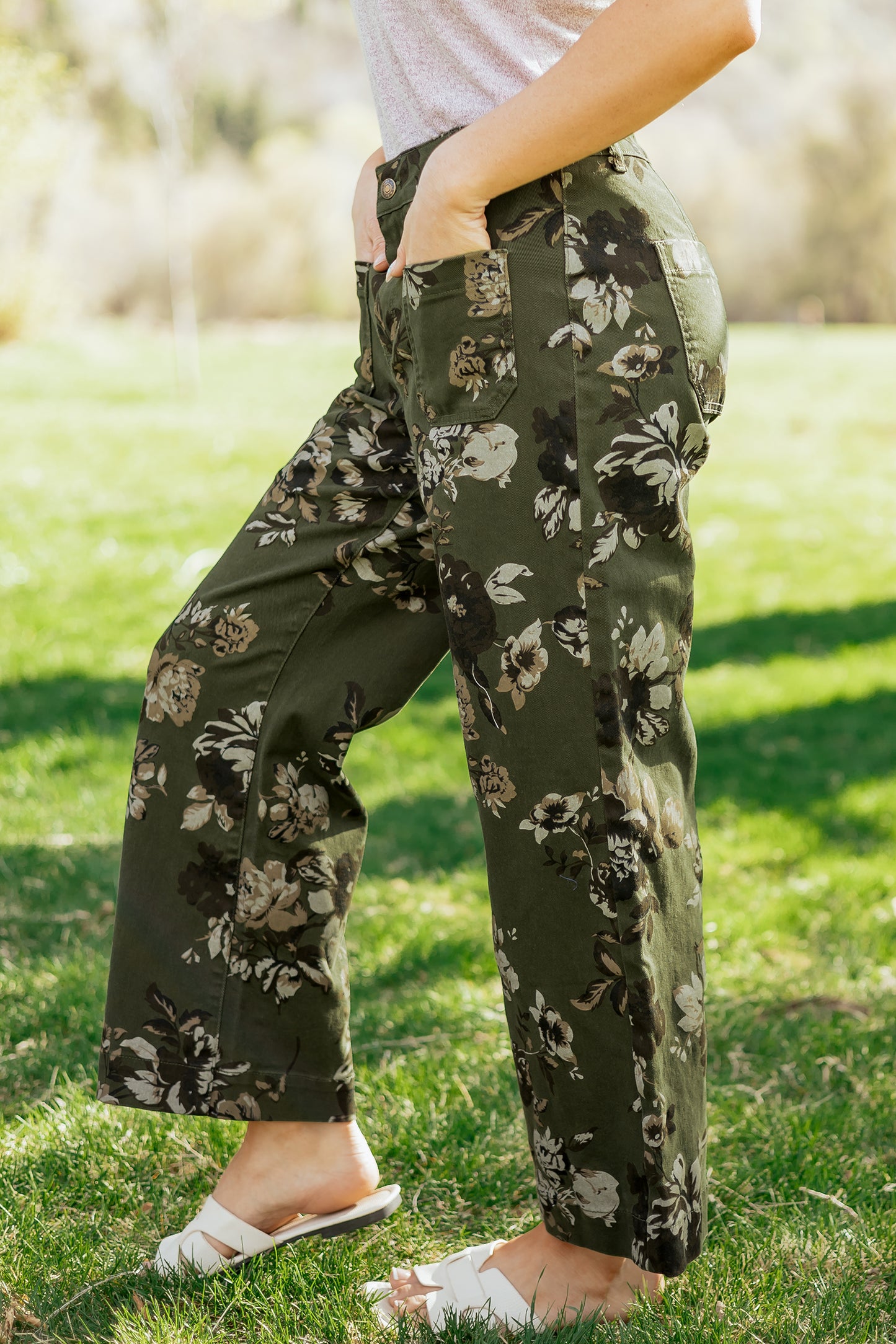 Green Vintage Floral Raw Hem Shift Jeans