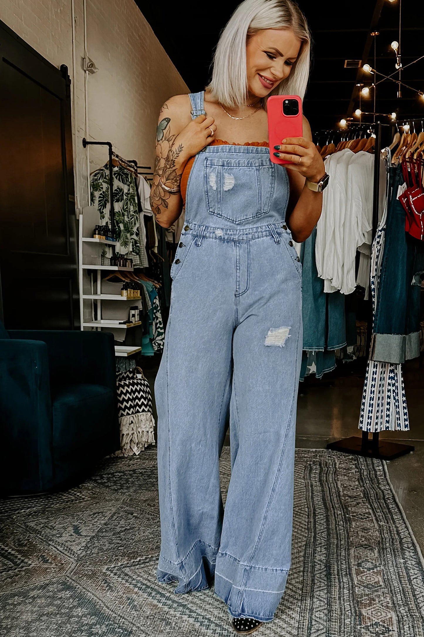 Mist Blue Retro Distressed Denim Overall Jumpsuit