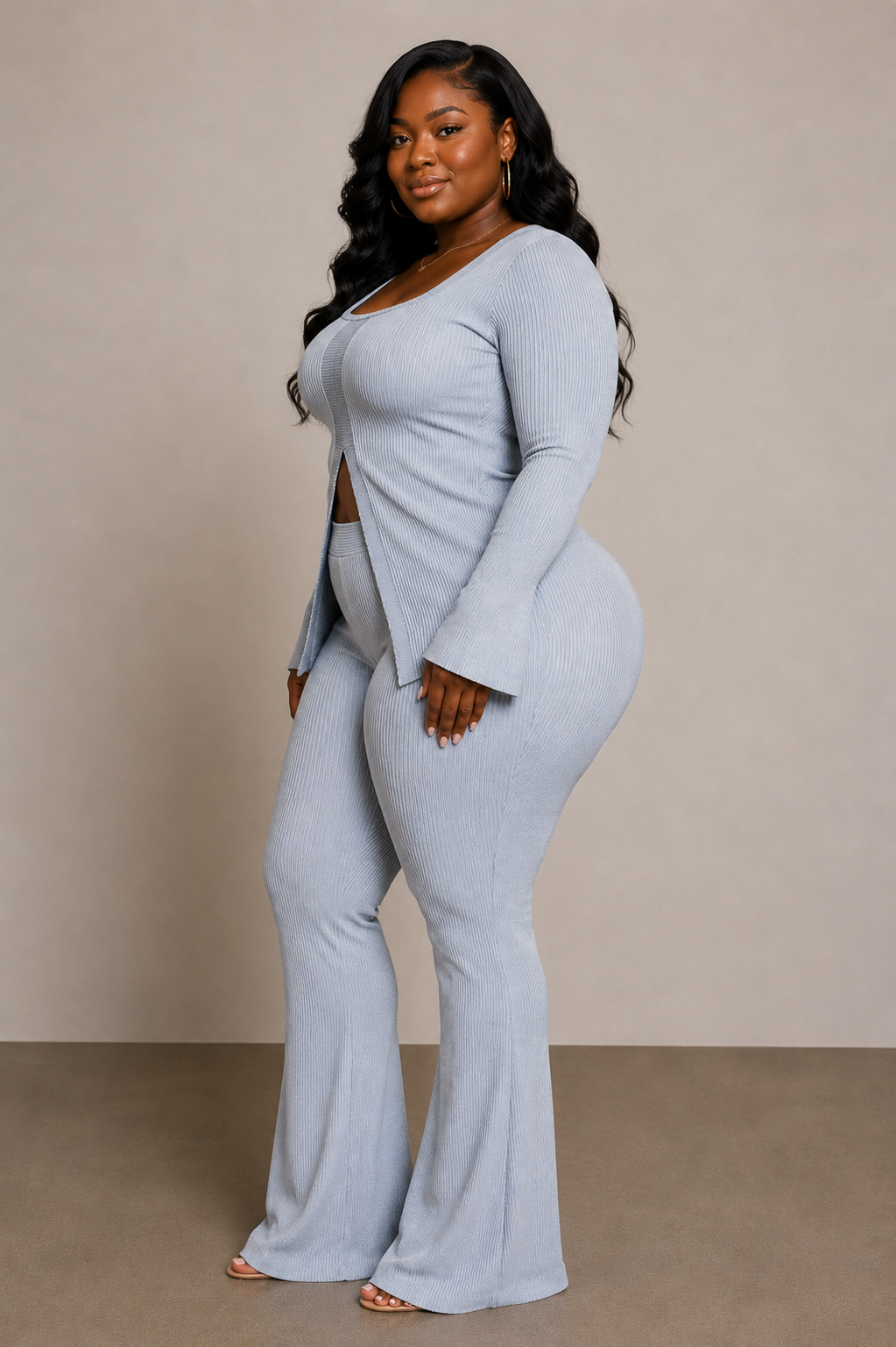 Slate Ribbed Pant Set With Slit Detail
