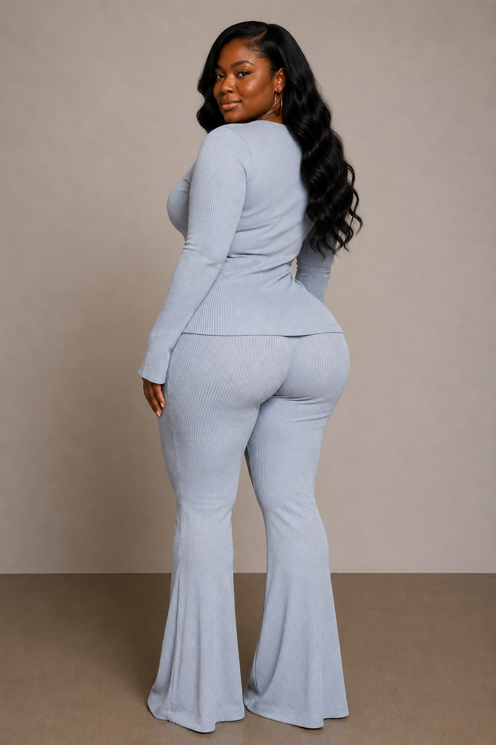Slate Ribbed Pant Set With Slit Detail