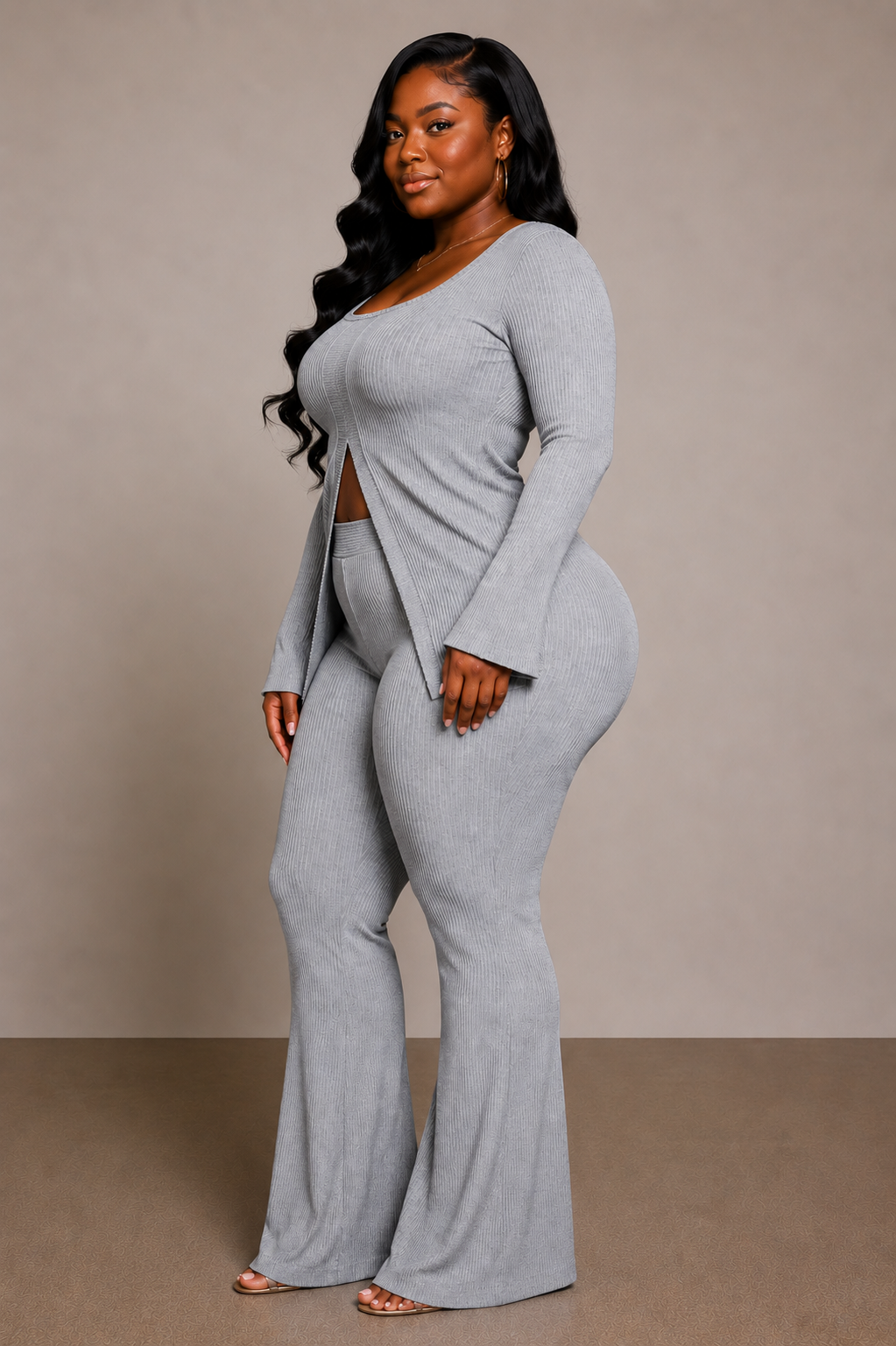 Slate Ribbed Pant Set With Slit Detail