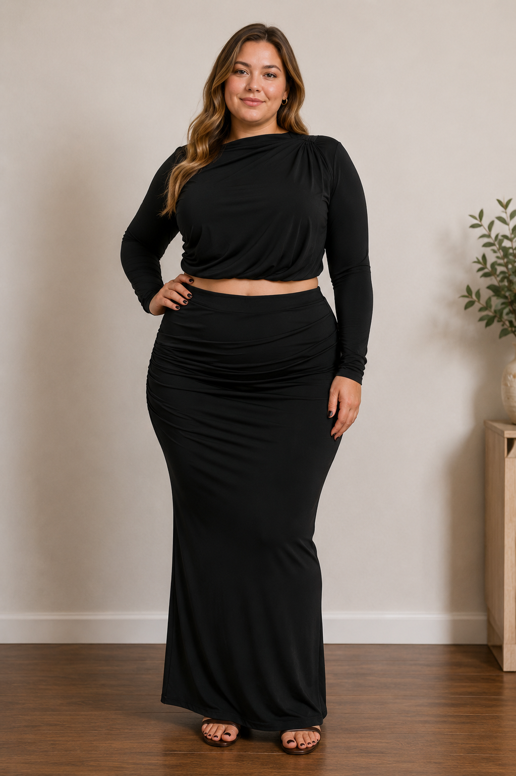 Black Shirring Detailed Top & Long Skirt Set
