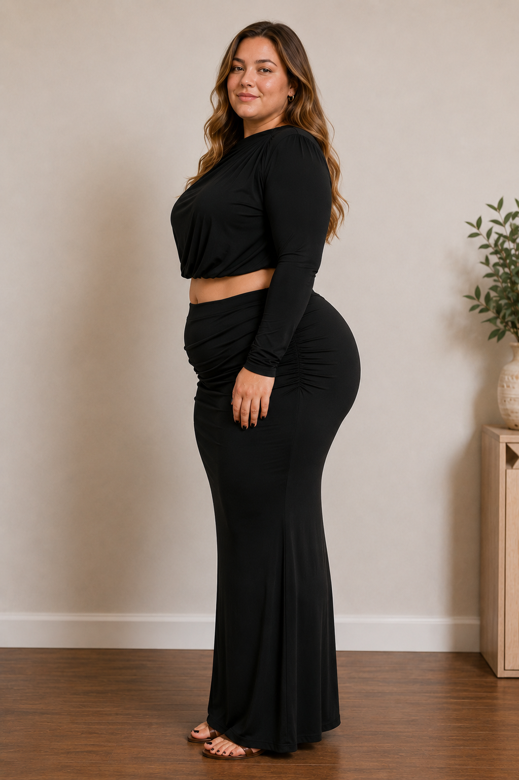 Black Shirring Detailed Top & Long Skirt Set