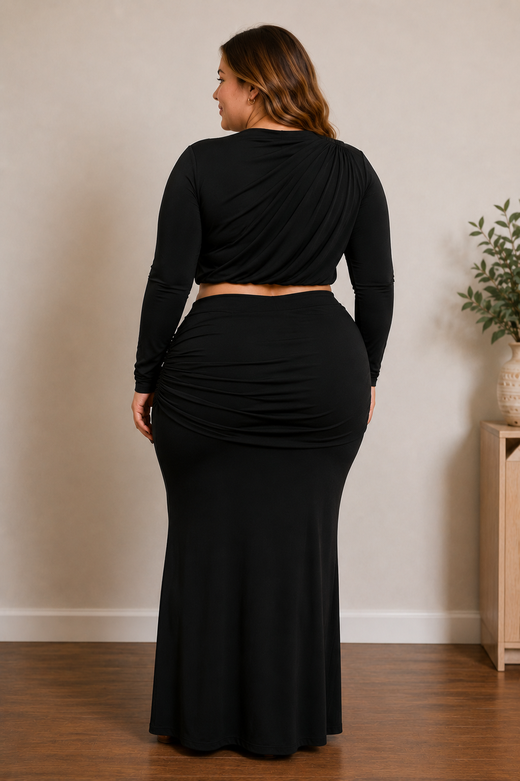 Black Shirring Detailed Top & Long Skirt Set