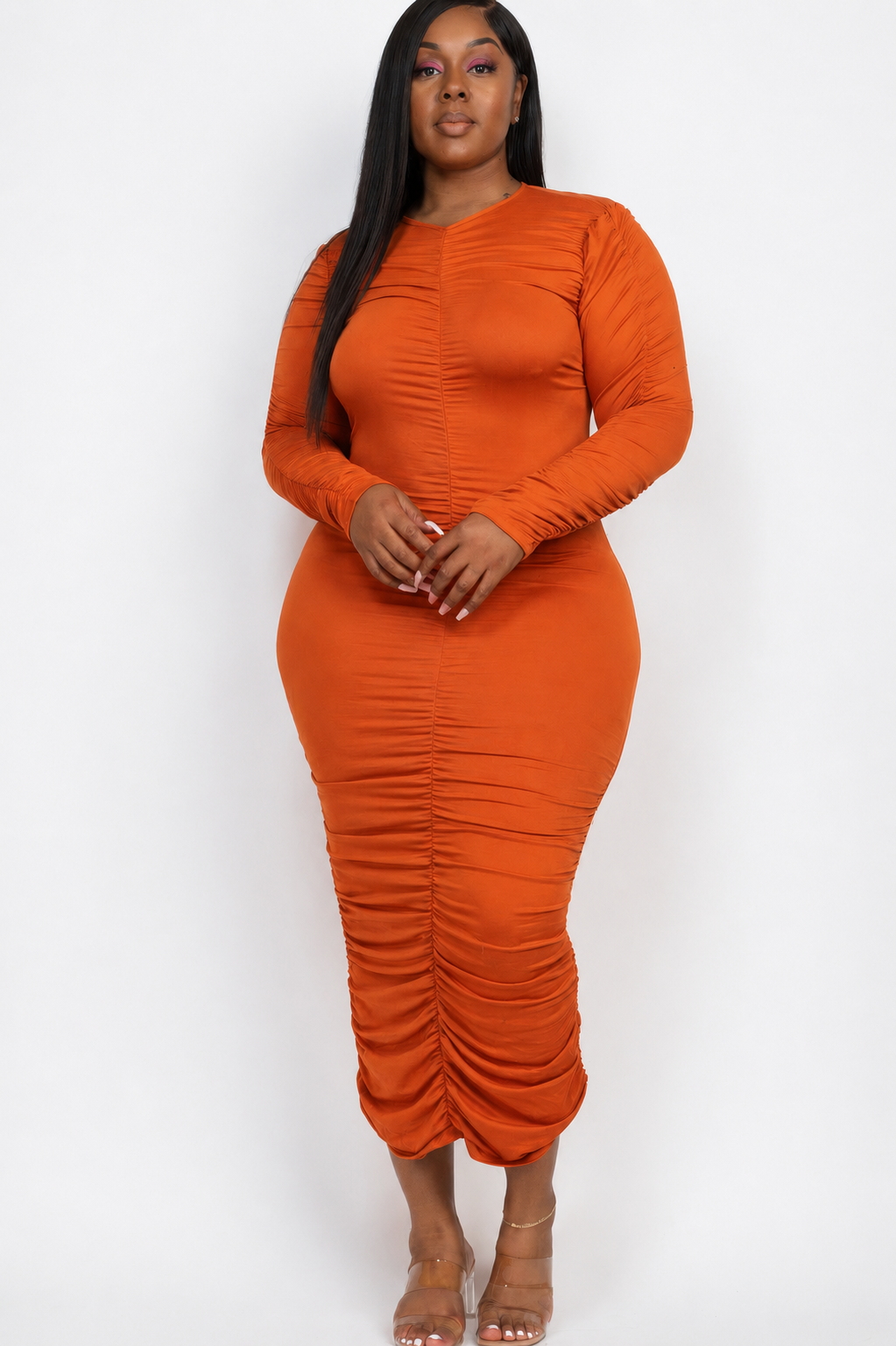 Ruched Long Sleeve Midi Dress