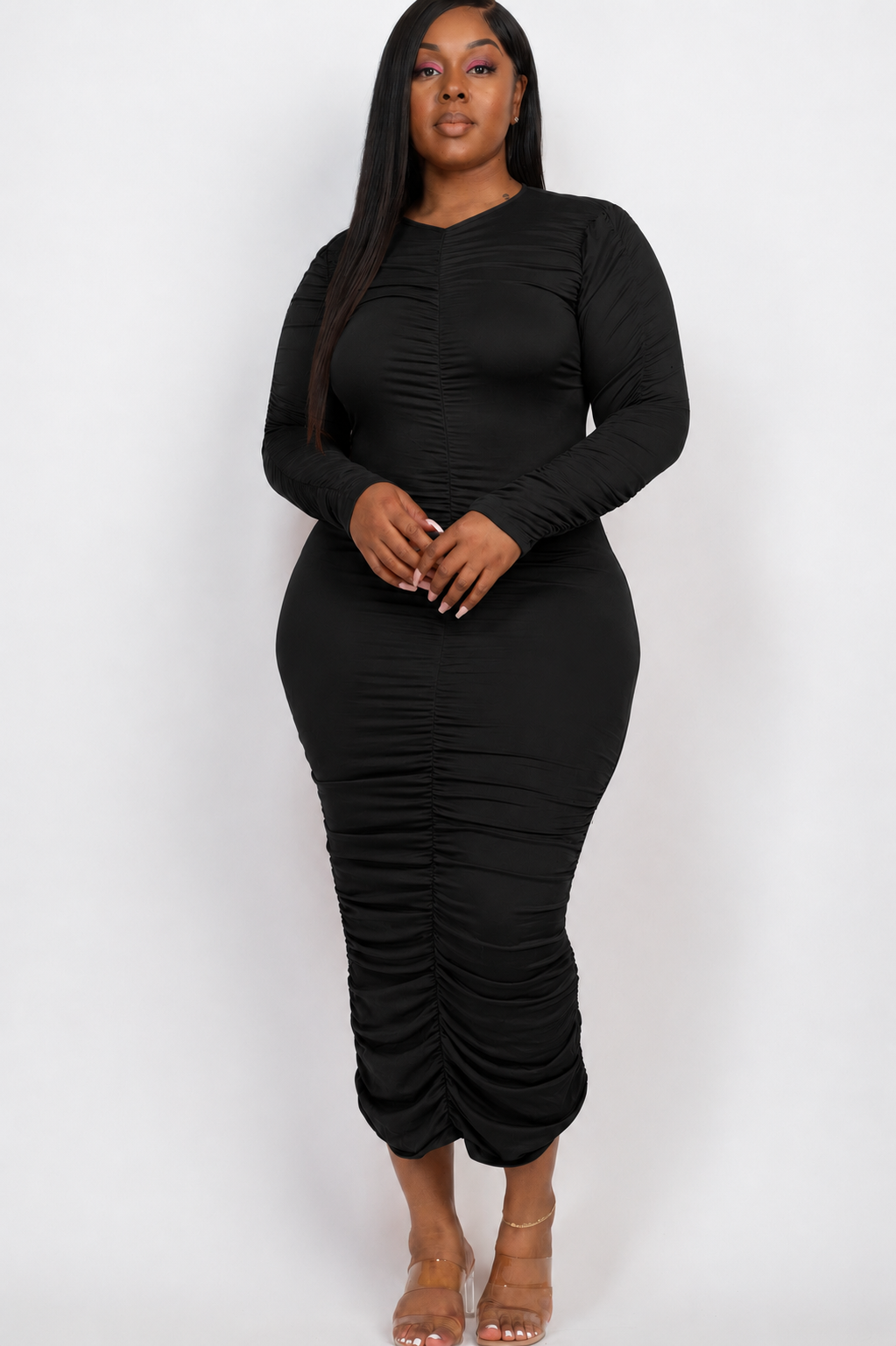 Ruched Long Sleeve Midi Dress