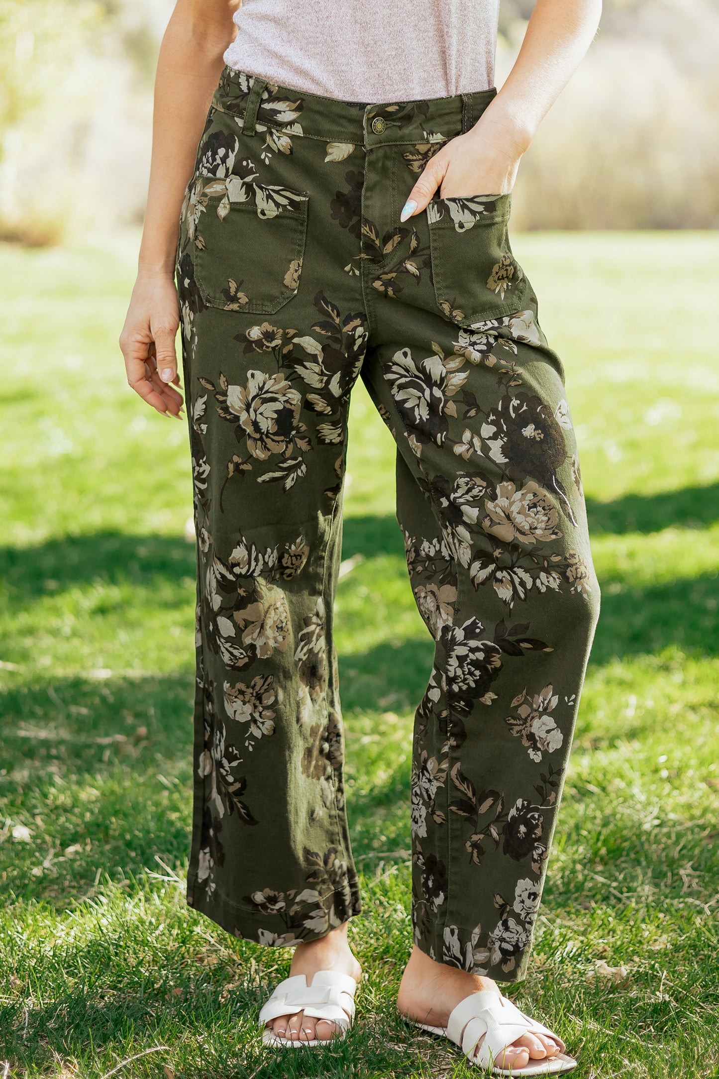 Green Vintage Floral Raw Hem Shift Jeans