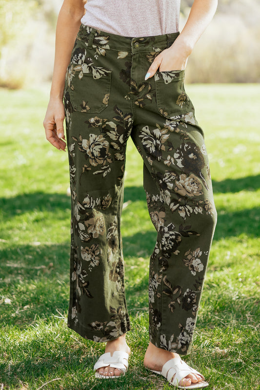 Green Vintage Floral Raw Hem Shift Jeans