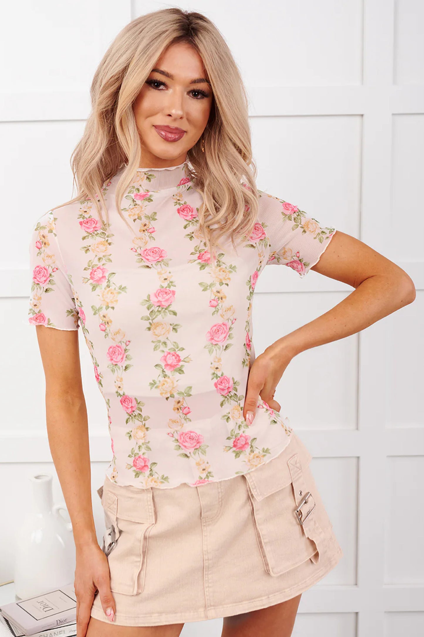 Beige Floral Mock Neck Short Sleeve Mesh Top