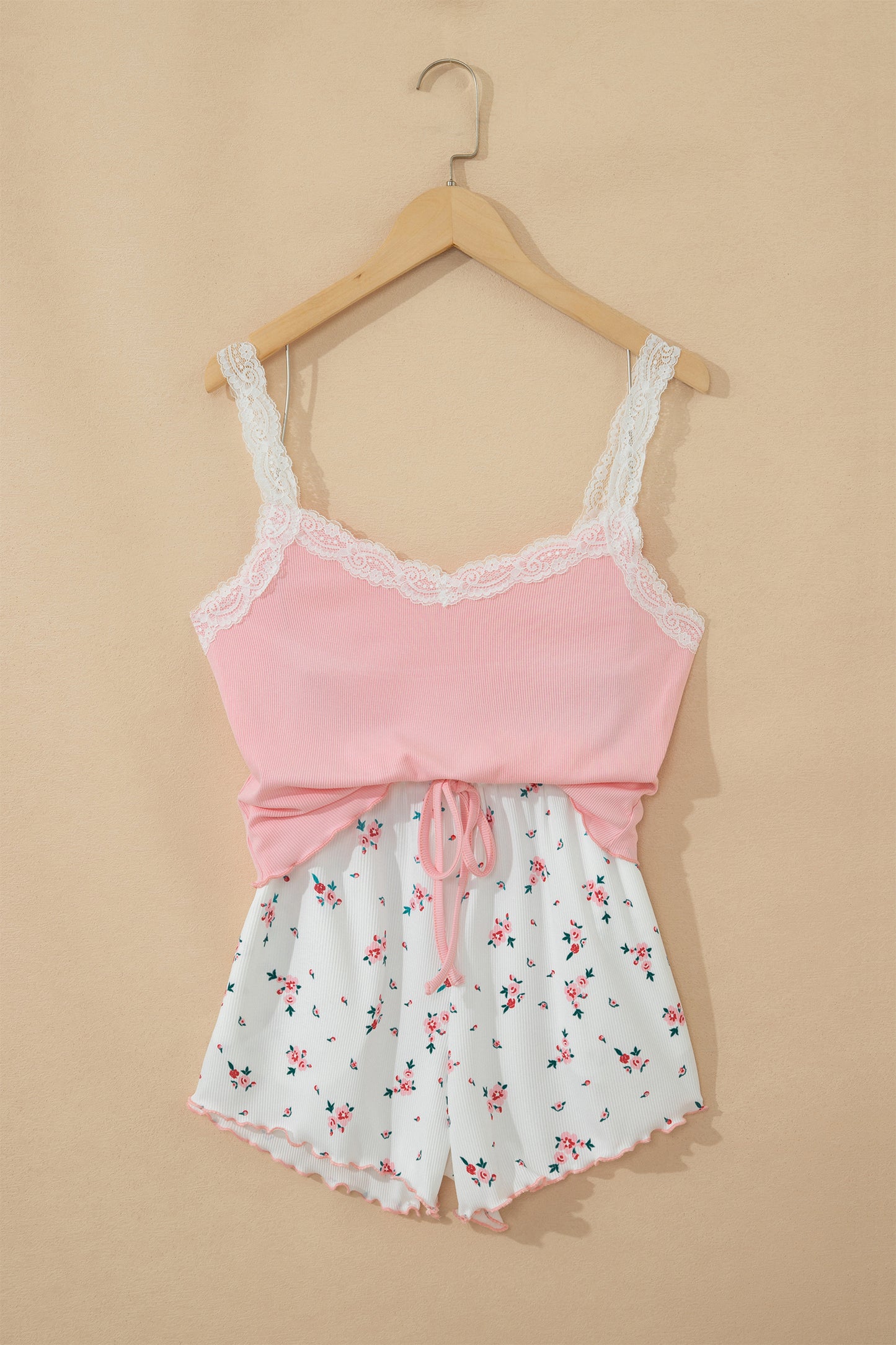 Pink Ribbed Knit Lace Floral Short Lounge Set