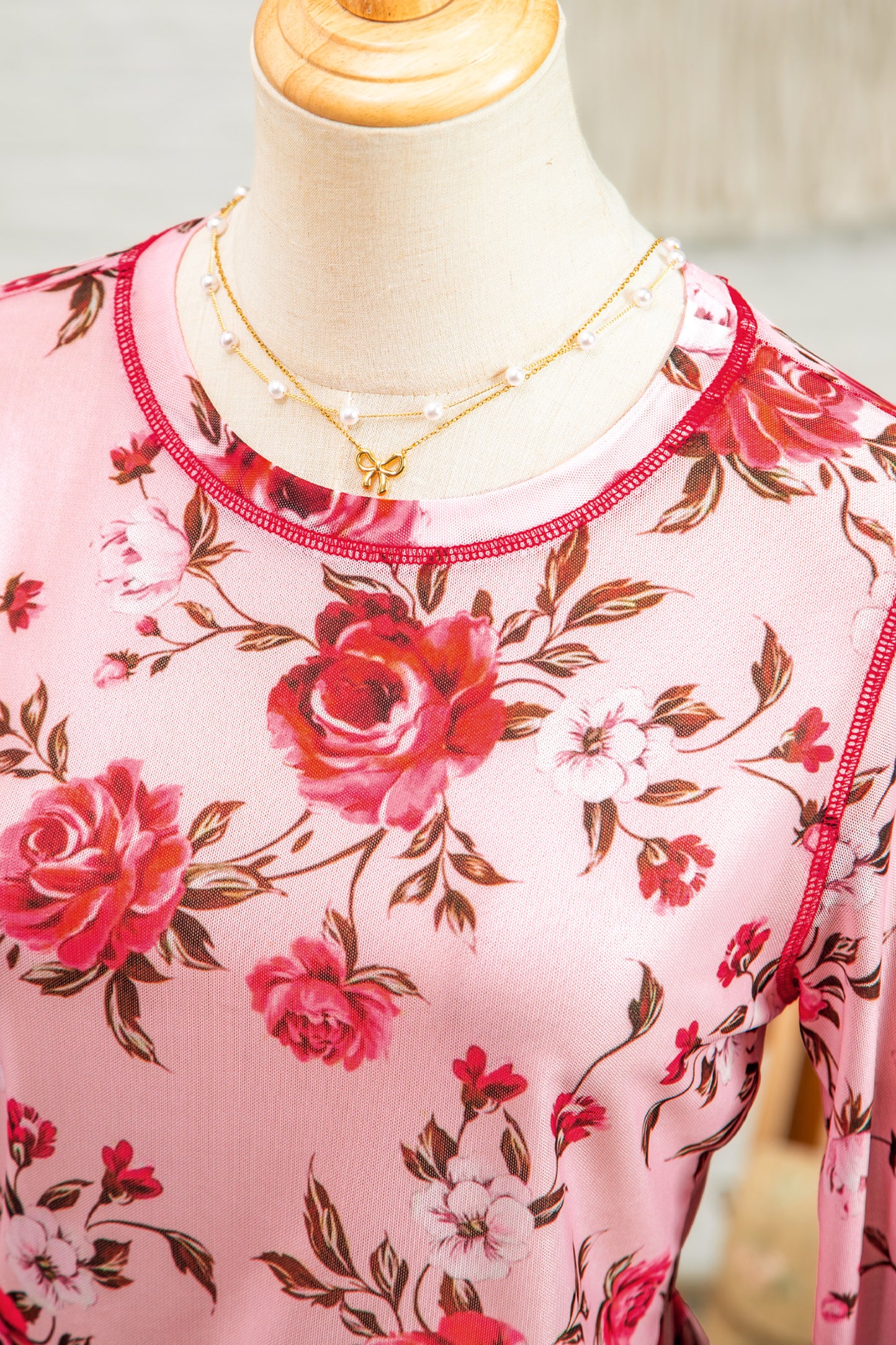 Pink Floral Exposed Seam Mesh Long Sleeve Top