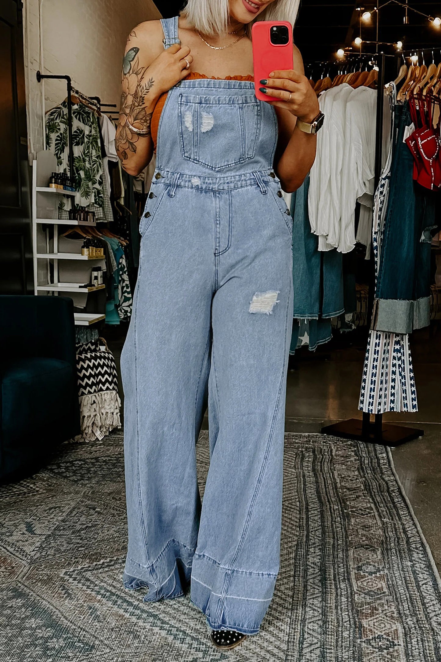 Mist Blue Retro Distressed Denim Overall Jumpsuit
