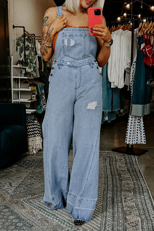 Mist Blue Retro Distressed Denim Overall Jumpsuit