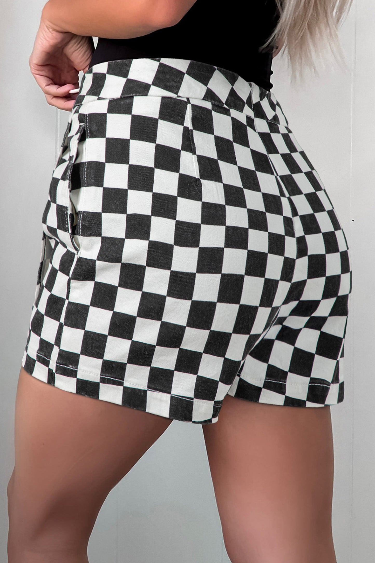 Black Checkered Overlap Denim Shorts