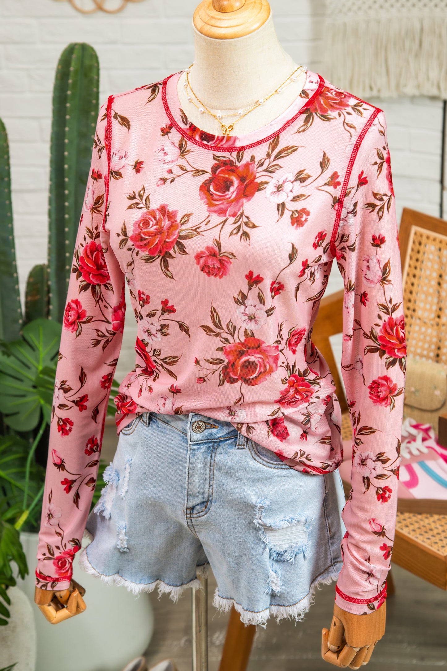 Pink Floral Exposed Seam Mesh Long Sleeve Top
