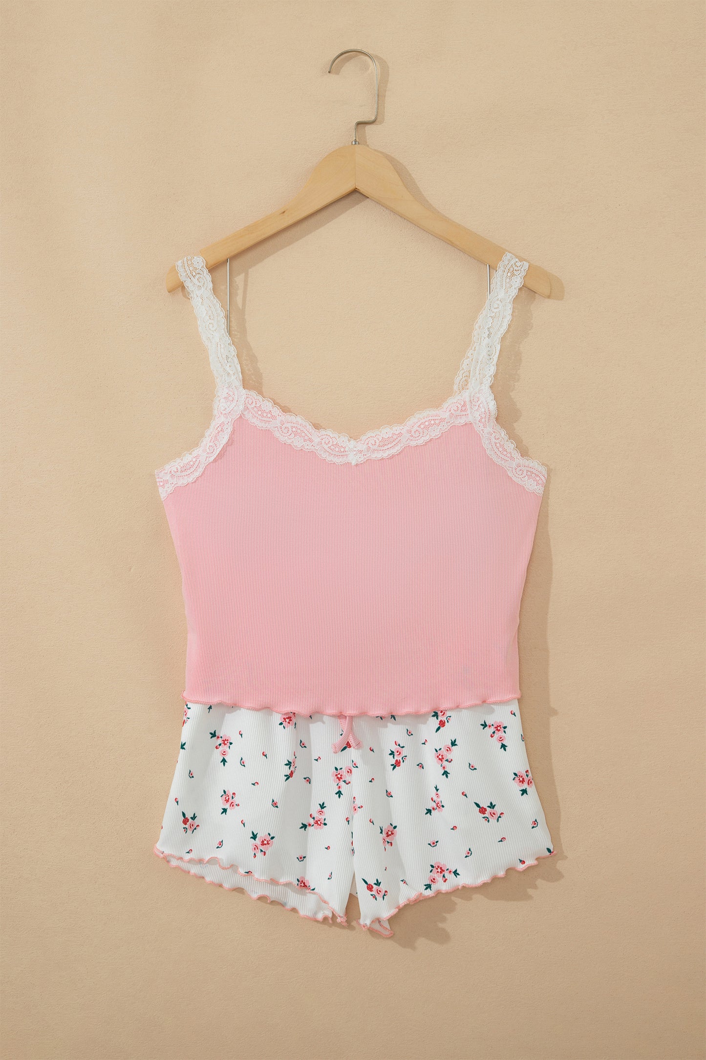 Pink Ribbed Knit Lace Floral Short Lounge Set