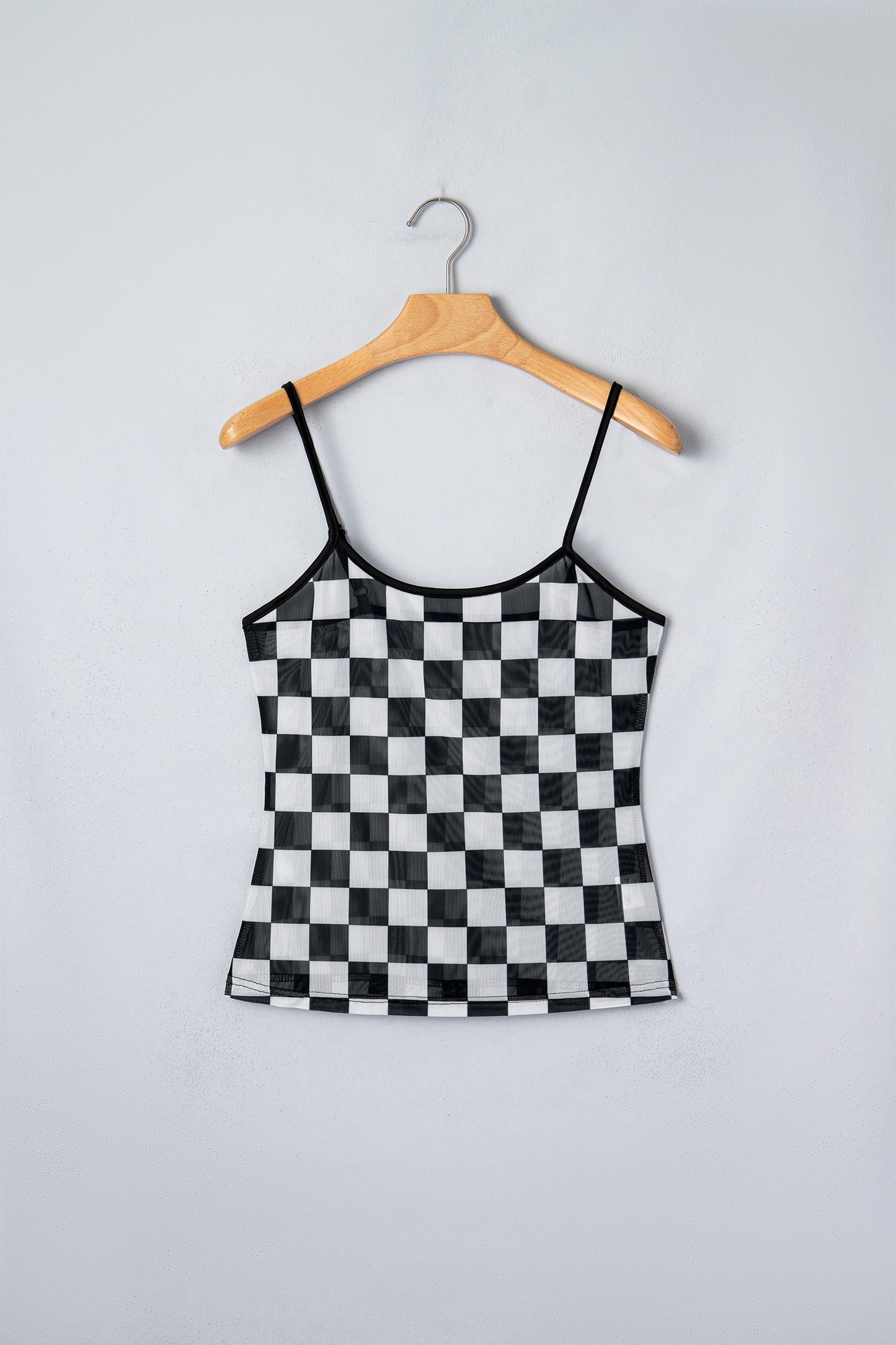 Black Sheer Checkered Spaghetti Straps Slim Tank Top